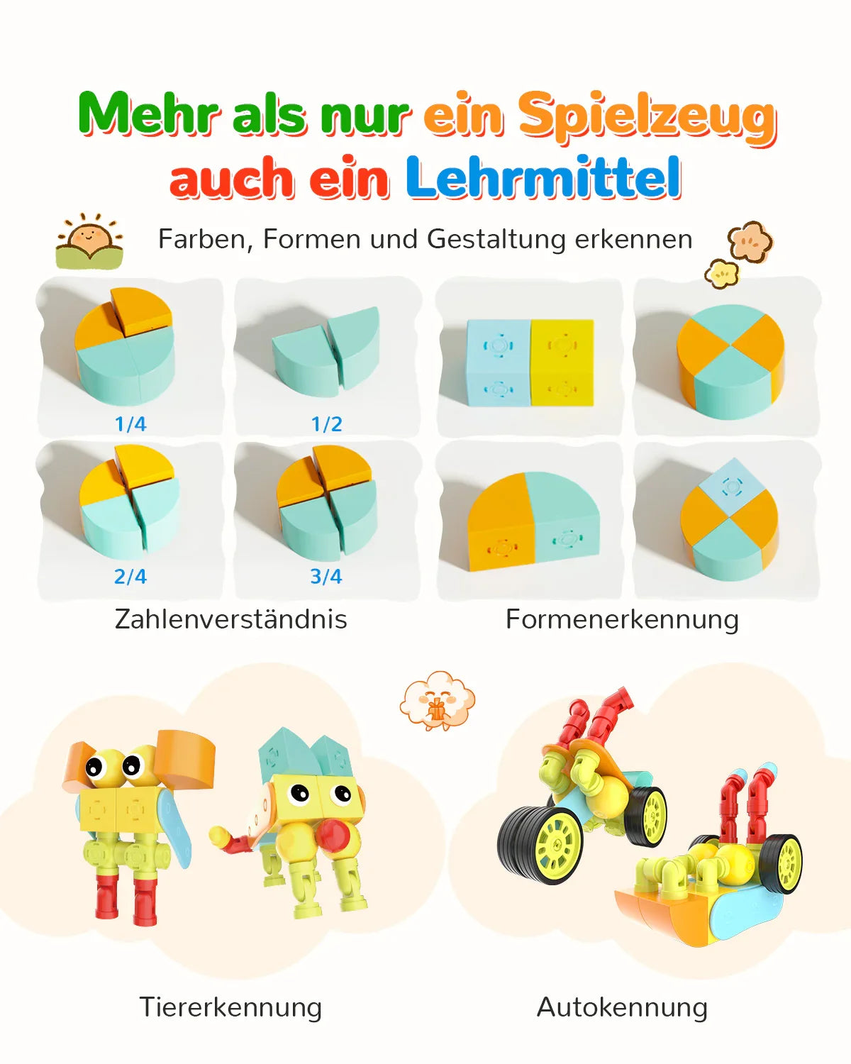 Educational toy teaching fractions, shapes, and recognition of animals and cars with colorful building blocks