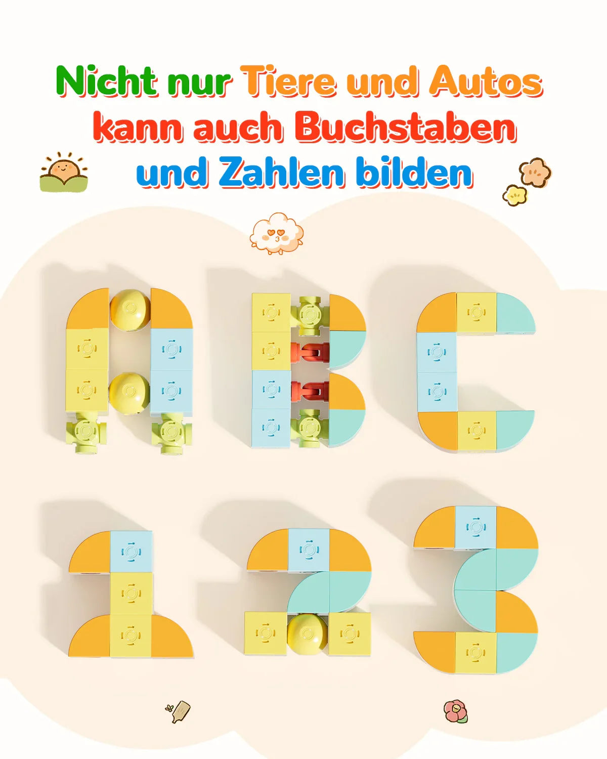 Colorful building blocks forming letters A, B, C and numbers 1, 2, 3 with German text about letters and numbers