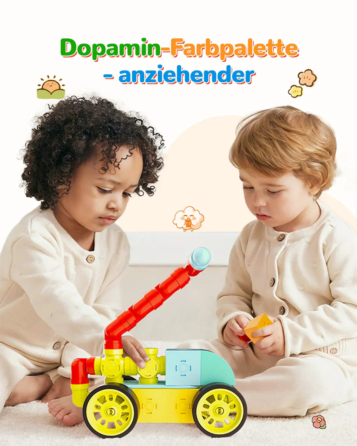 Two toddlers playing with colorful building blocks and toy car on carpet