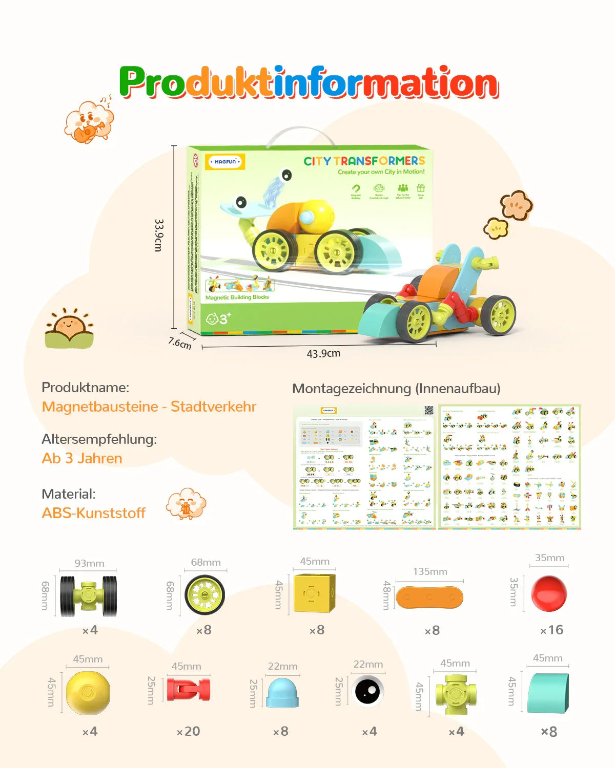 City Transformers magnetic building blocks toy set for kids aged 3+, colorful car model and parts with dimensions