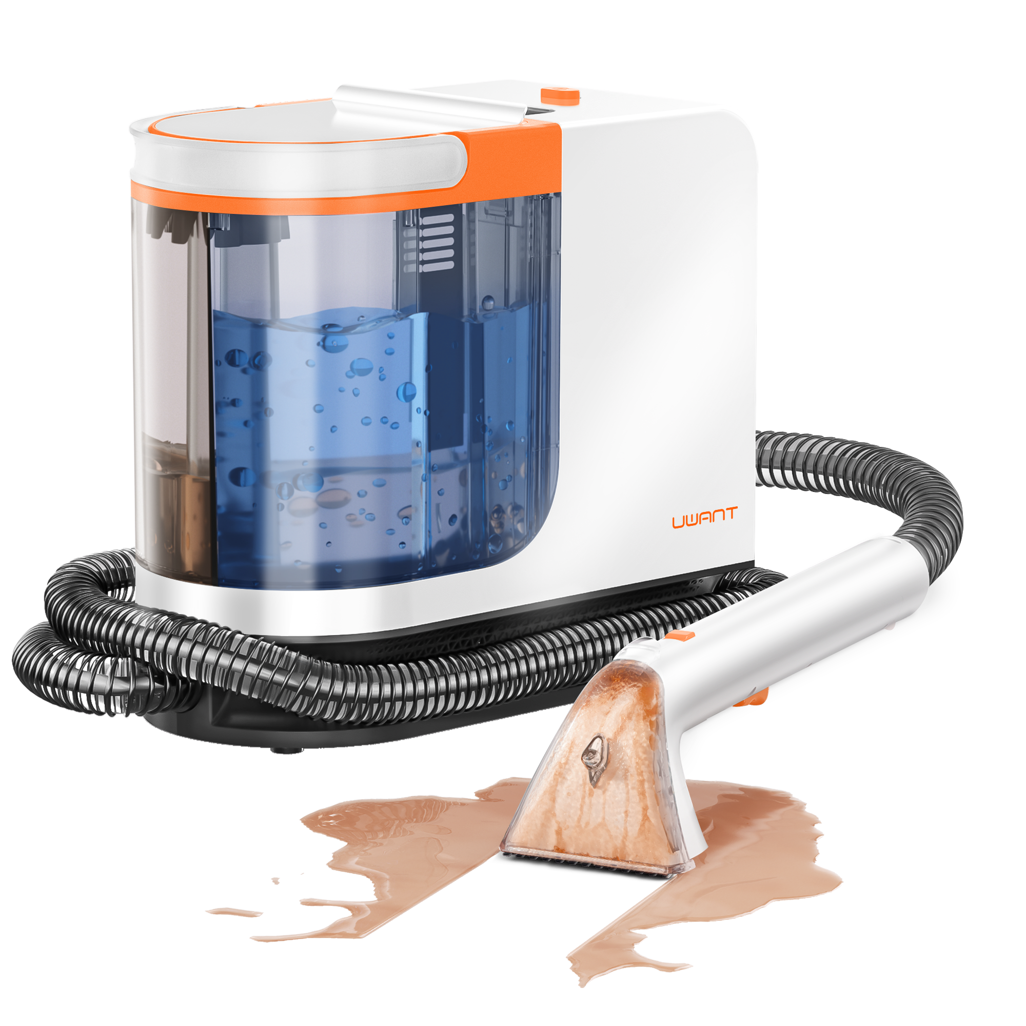 White and orange UWANT carpet cleaner with blue water tank and hose cleaning liquid spill