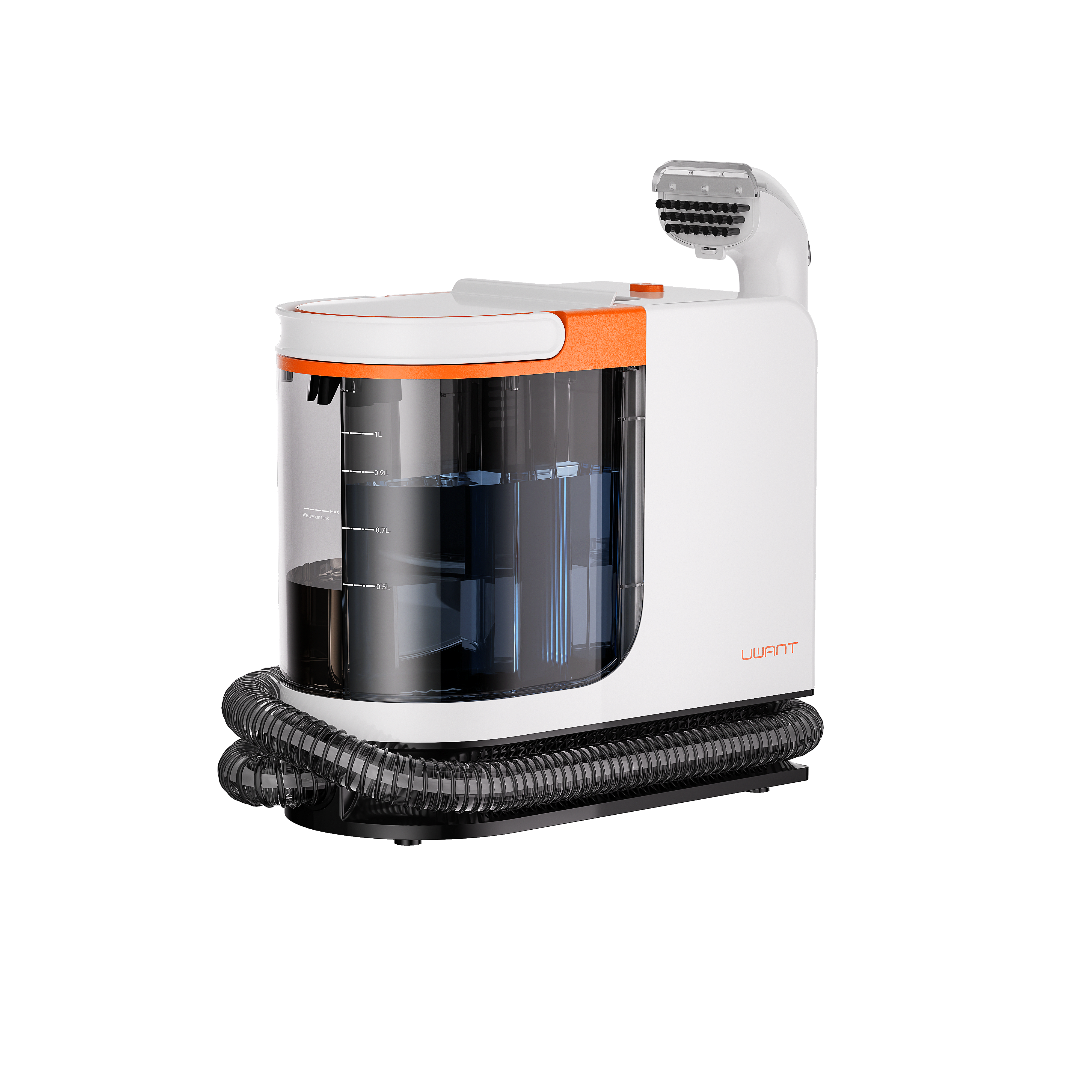 UWANT portable carpet cleaner with transparent water tank and coiled hose in white and orange design