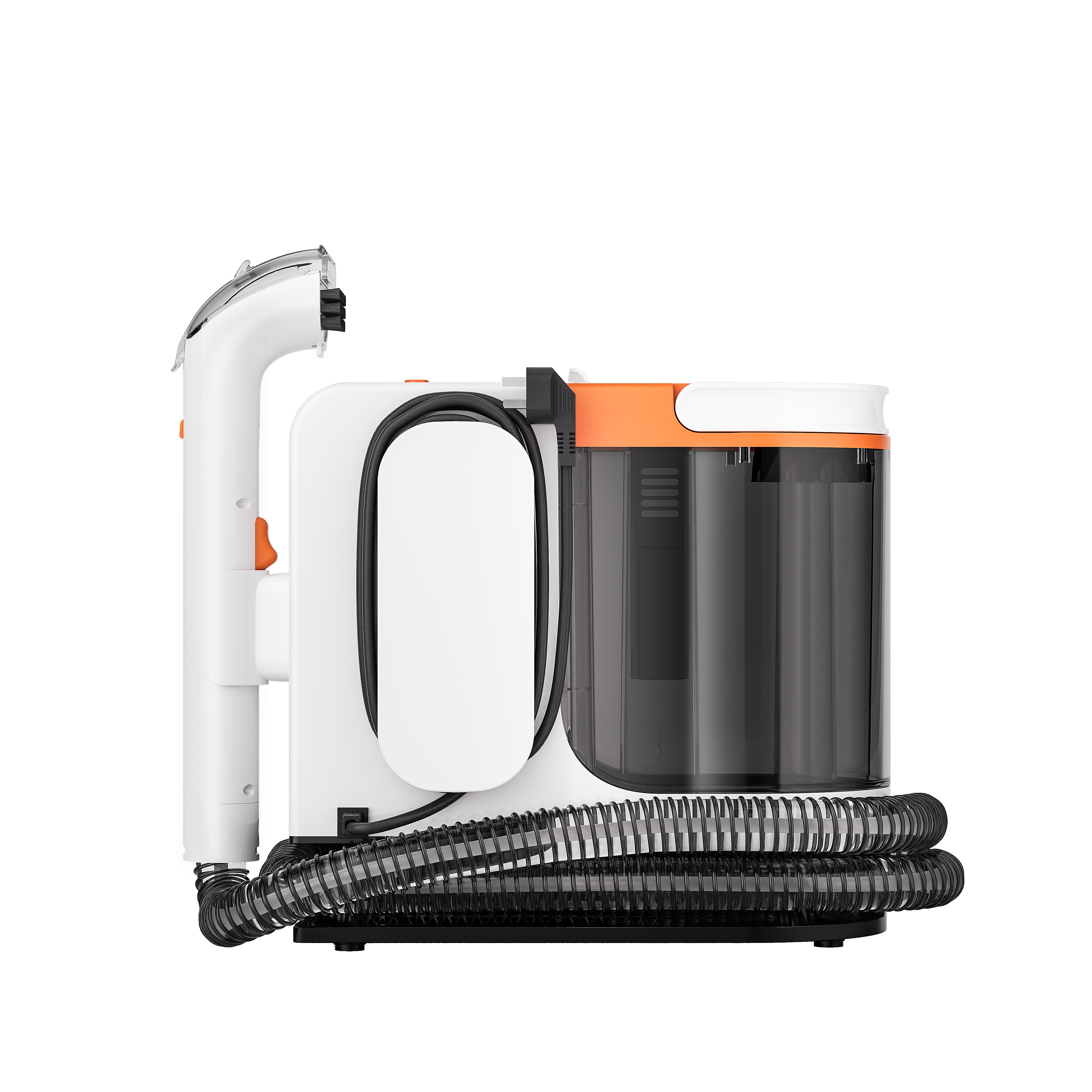 Compact carpet cleaner with white, orange, and transparent black components and coiled hose