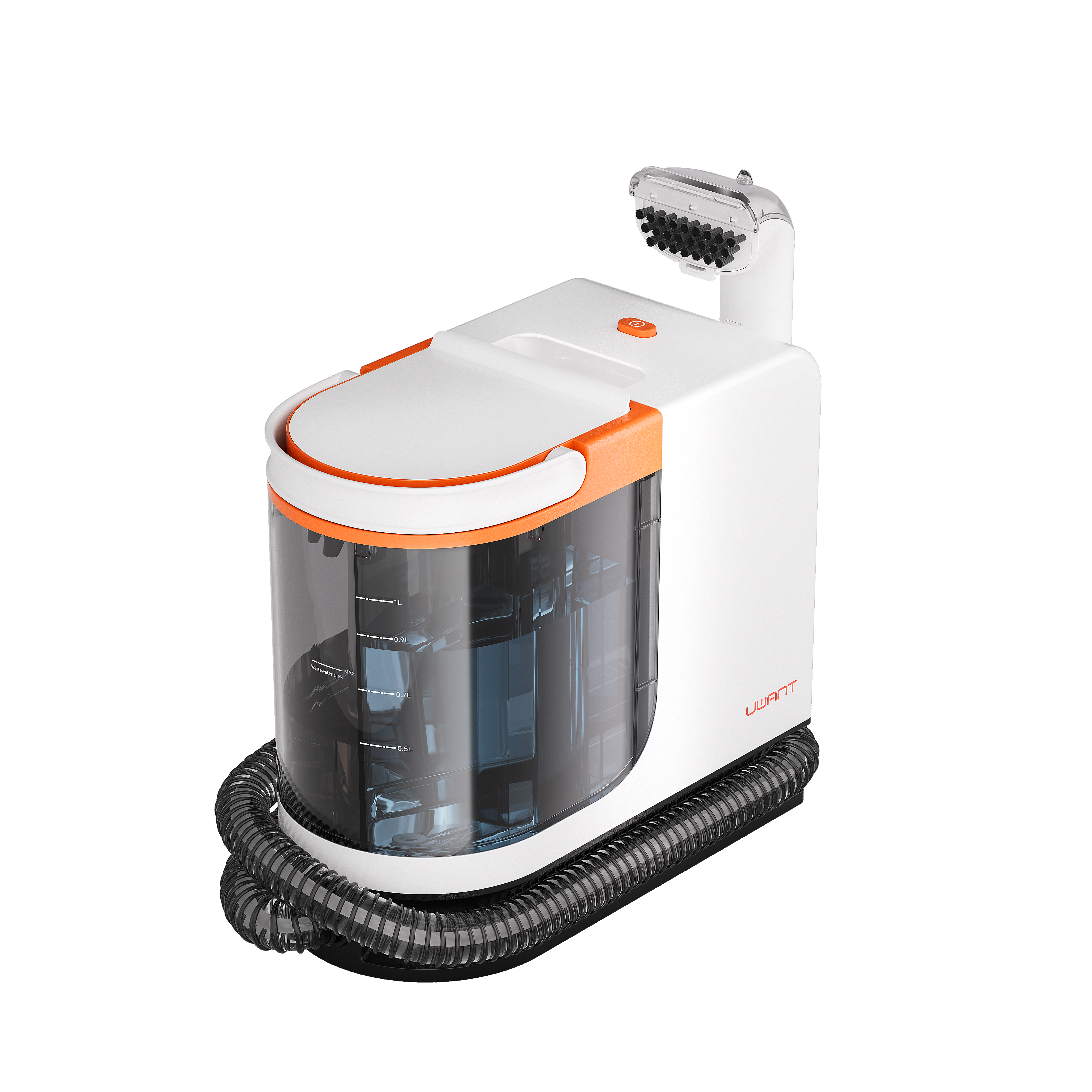 White and orange UWANT carpet cleaner with transparent water tank and attached flexible hose