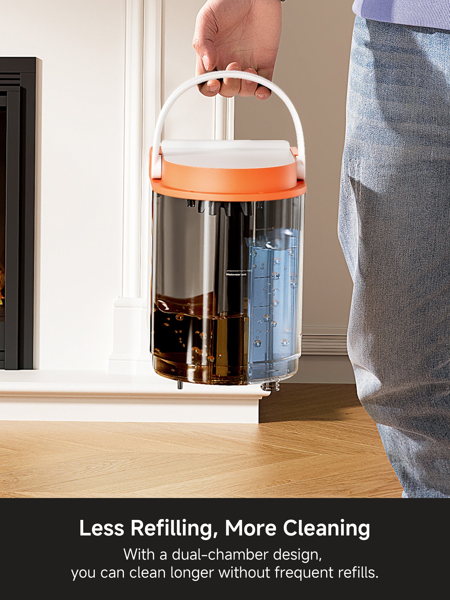 Person holding dual-chamber carpet cleaner water tank with clear division of dirty and clean water