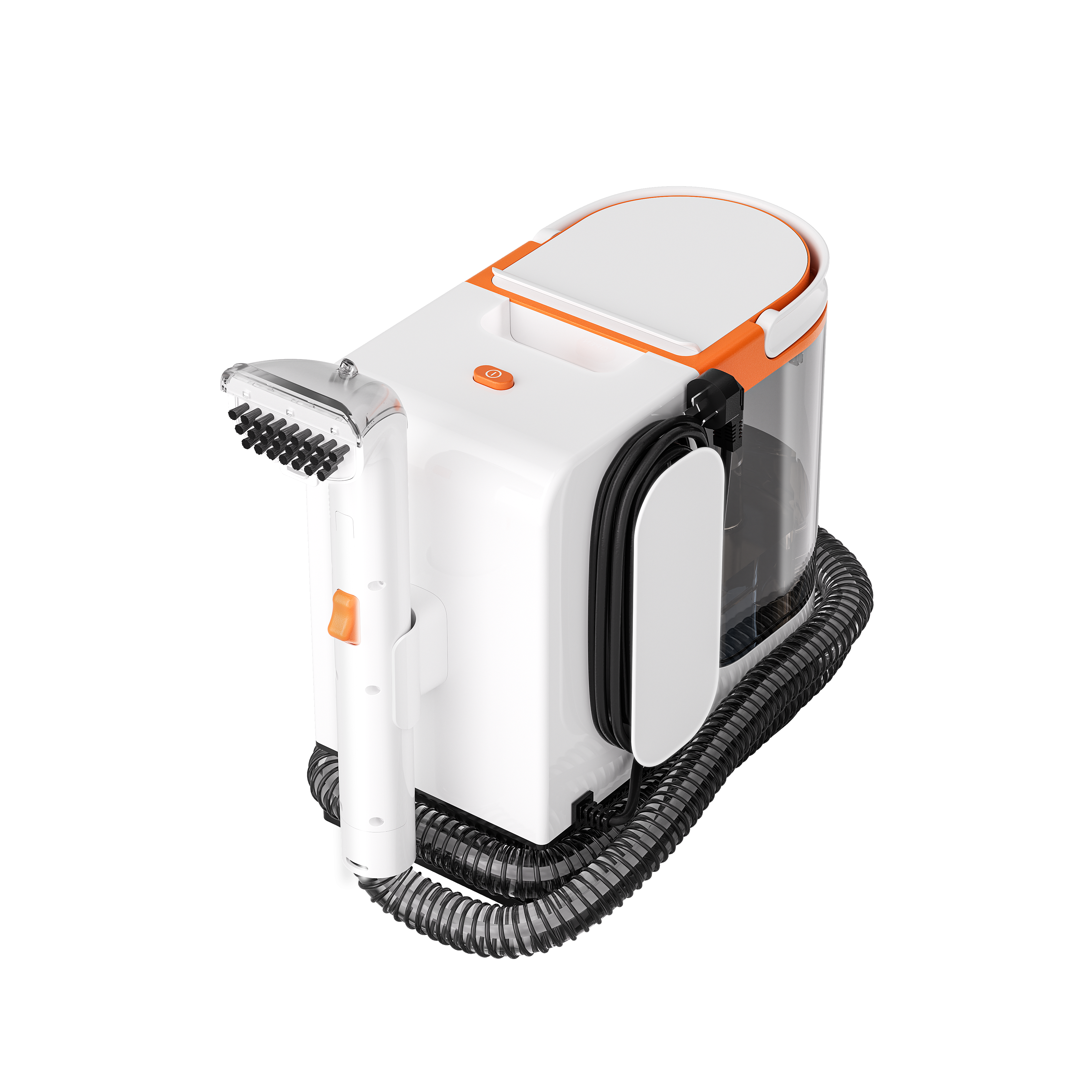 Compact white and orange portable carpet cleaner with brush attachment and coiled hose