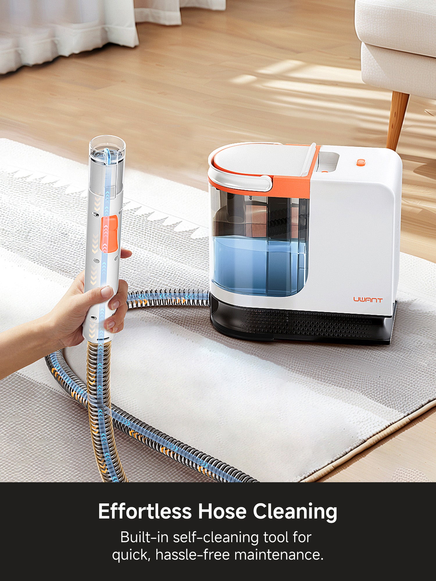 UWANT portable carpet cleaner with transparent water tank and self-cleaning hose on light carpet