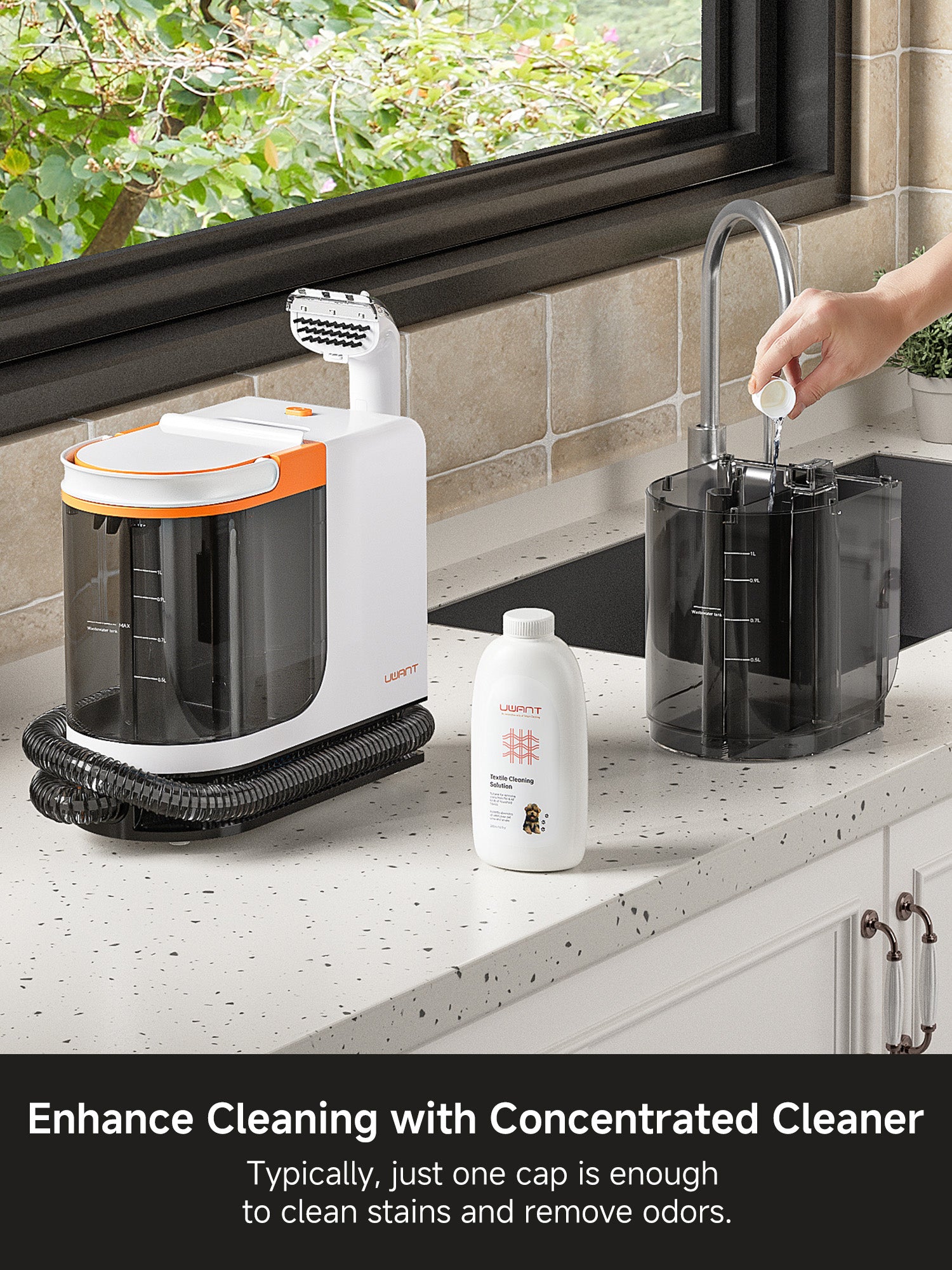 Woman pouring concentrated textile cleaner into a water tank of UWANT carpet cleaning machine on kitchen counter