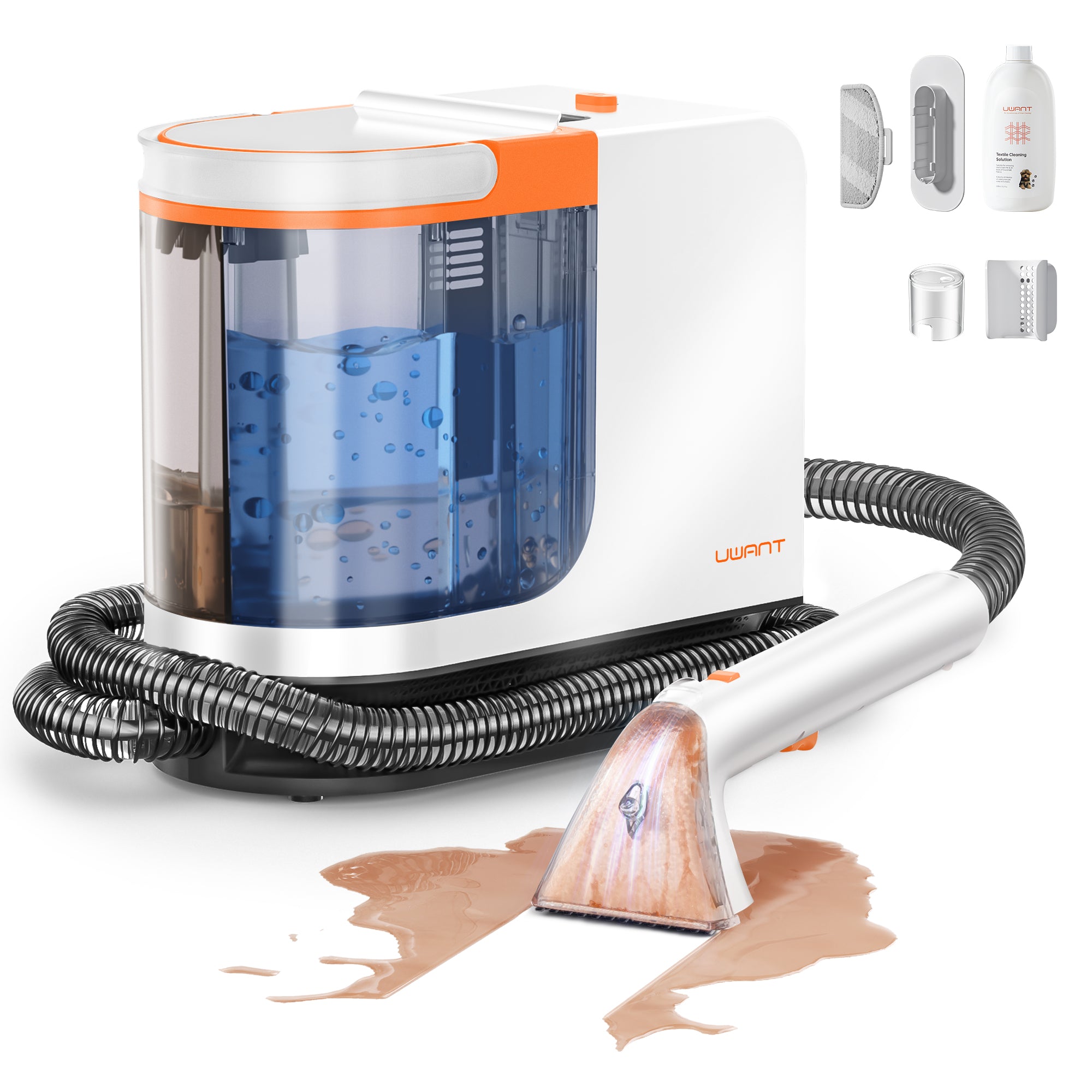 UWANT portable carpet cleaner with transparent water tank, hose, and cleaning nozzle removing brown stain