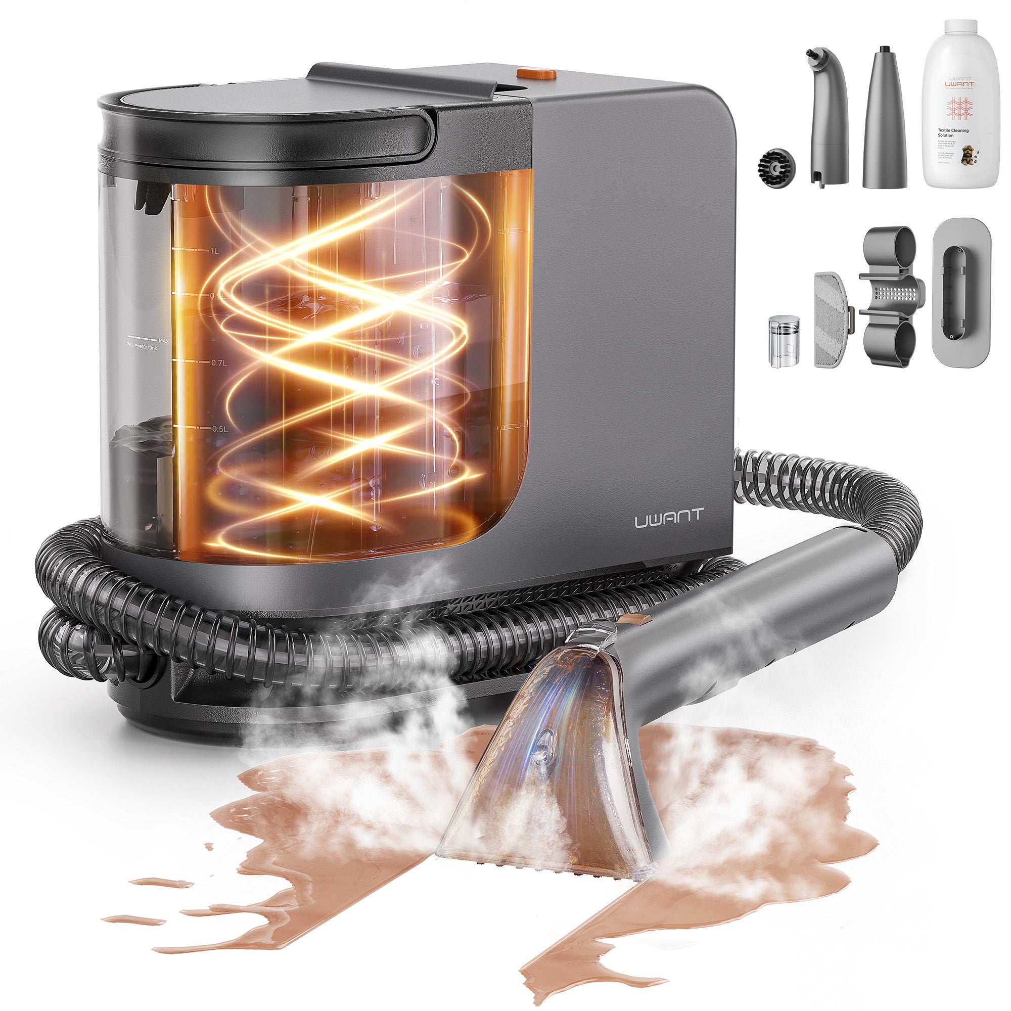 Uwant gray steam stain cleaner with hose, steam in use on floor spill, multiple cleaning attachments and detergent