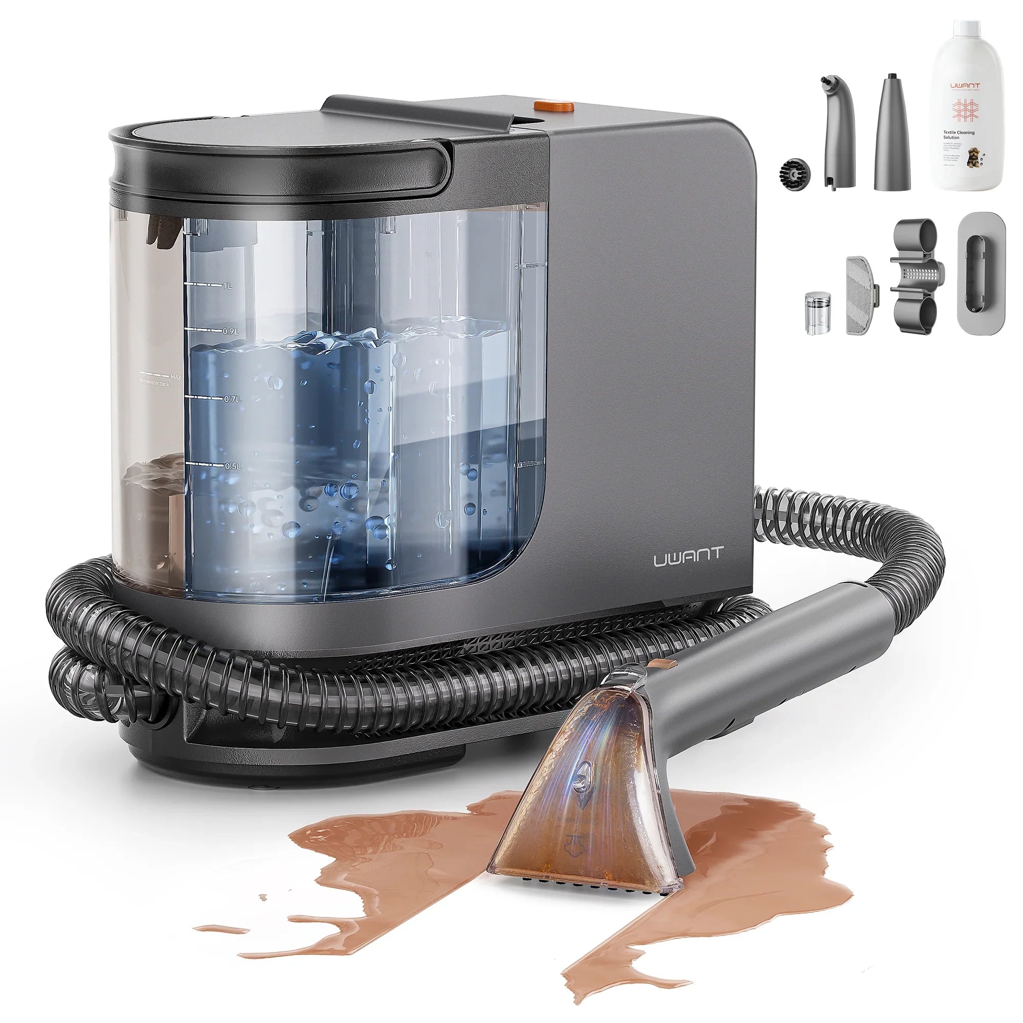 Uwant steam spot cleaner with water tank, hose, cleaning head on spilled liquid, and cleaning attachments set