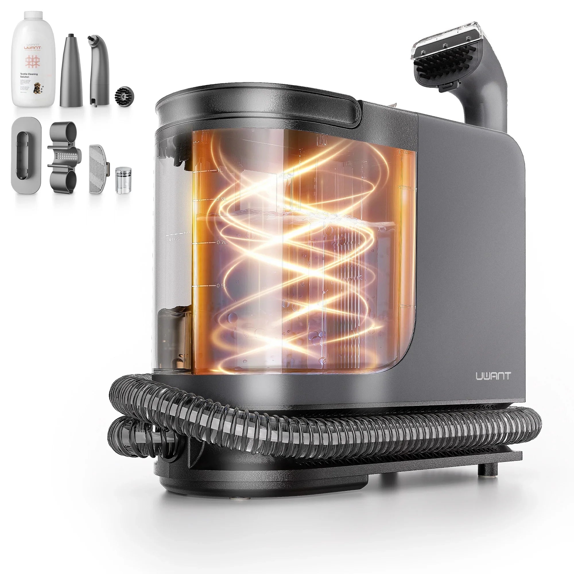 Gray UWANT B400 steam spot cleaner with accessories and swirling steam effect inside water tank