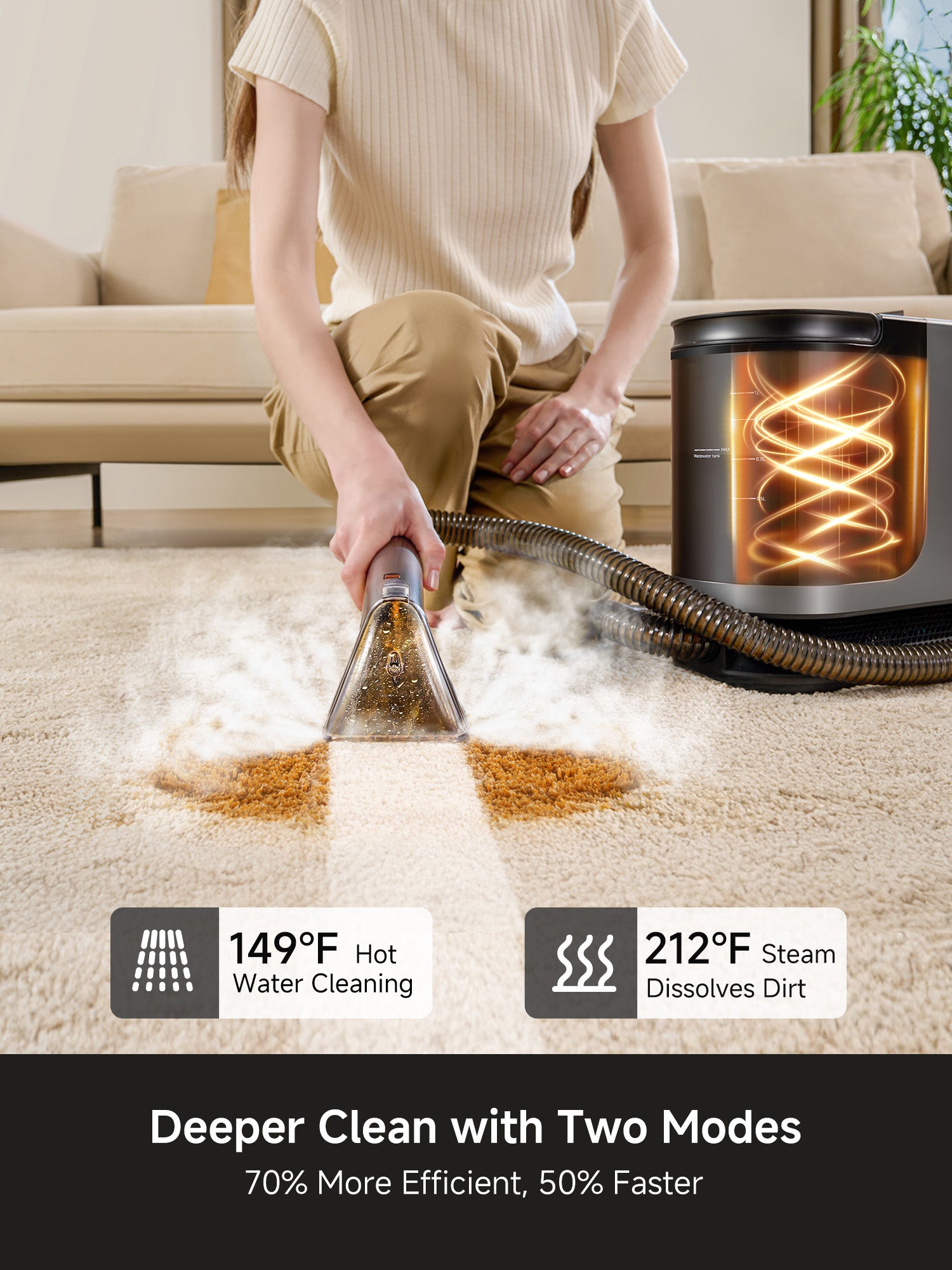 Person using a steam carpet cleaner showing hot water and steam modes cleaning a carpet stain