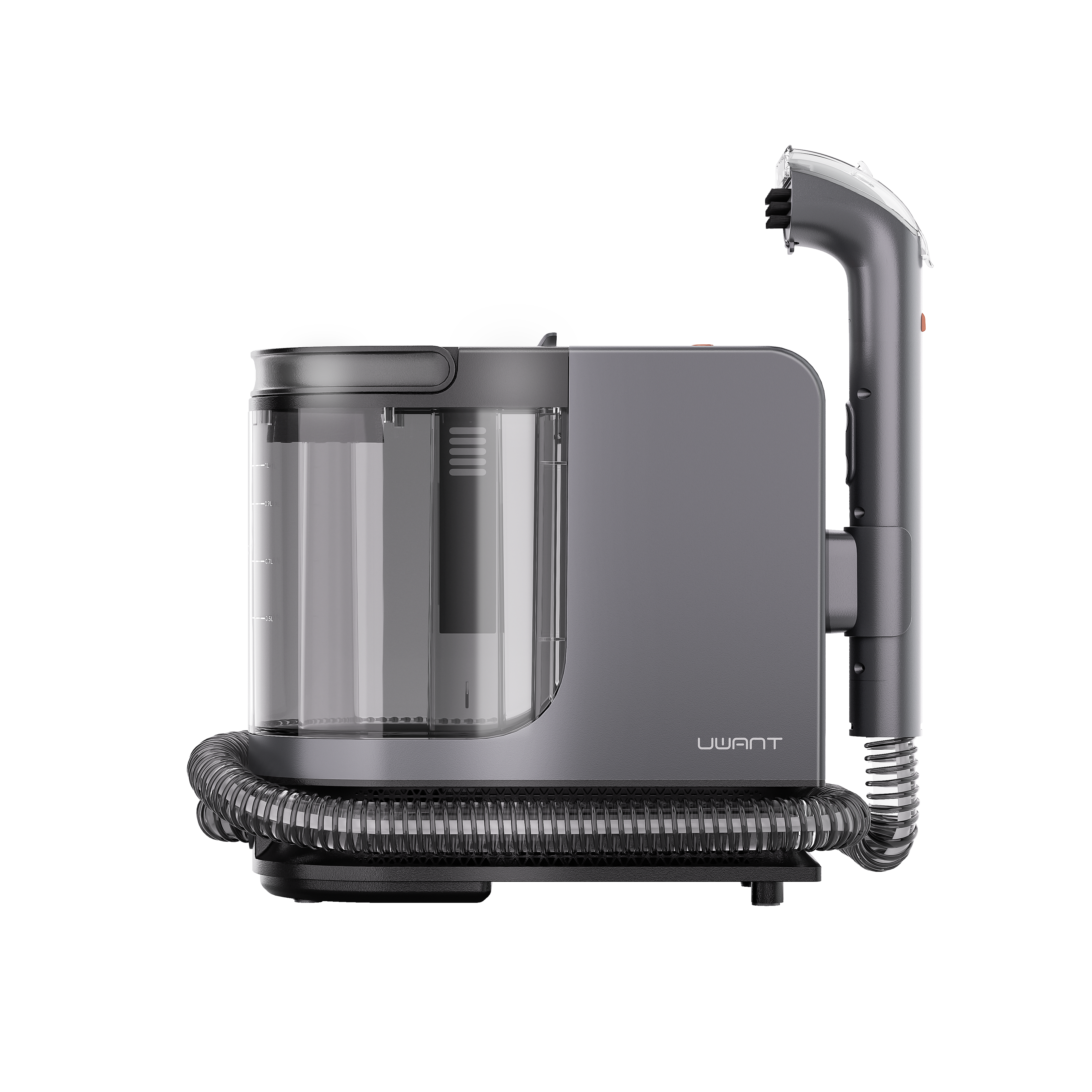 Gray UWANT steam spot cleaner with transparent water tanks and coiled hose