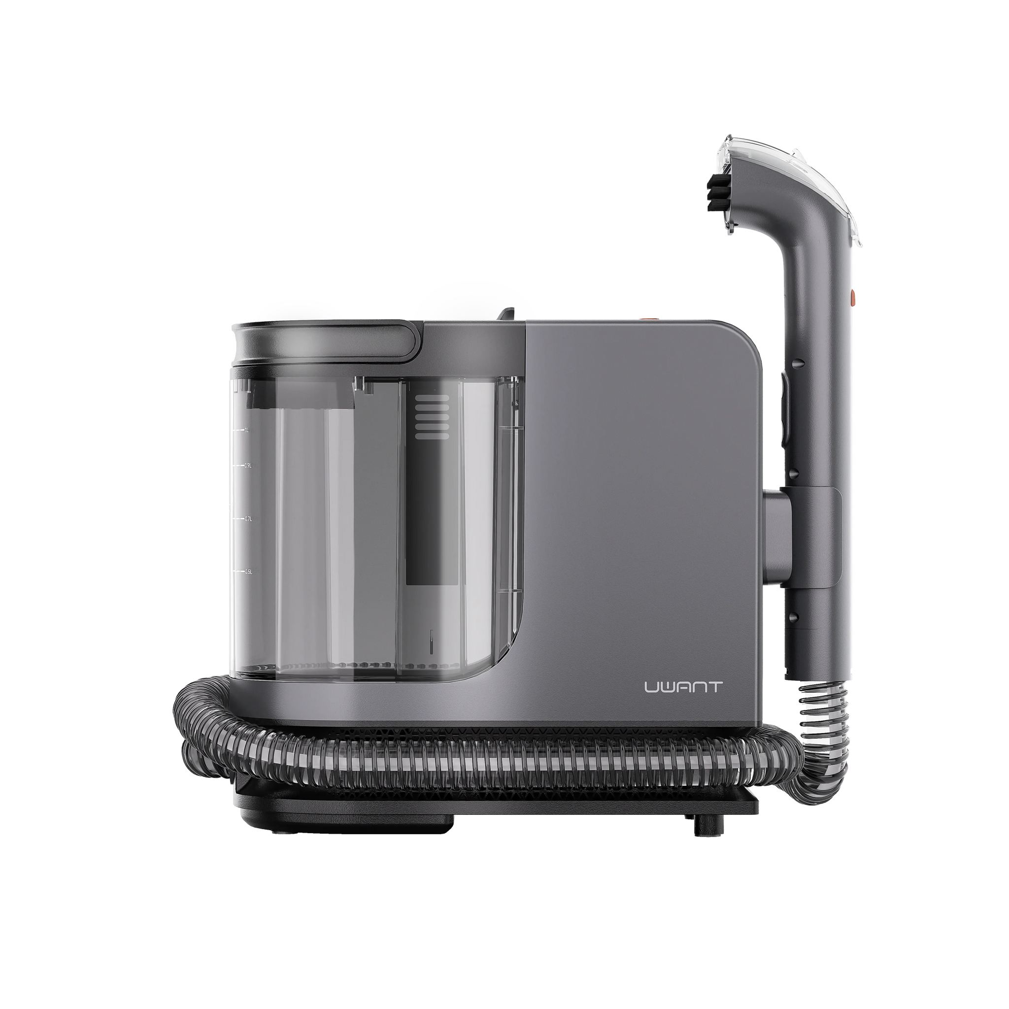 Gray UWANT steam spot cleaner with transparent water tanks and coiled hose