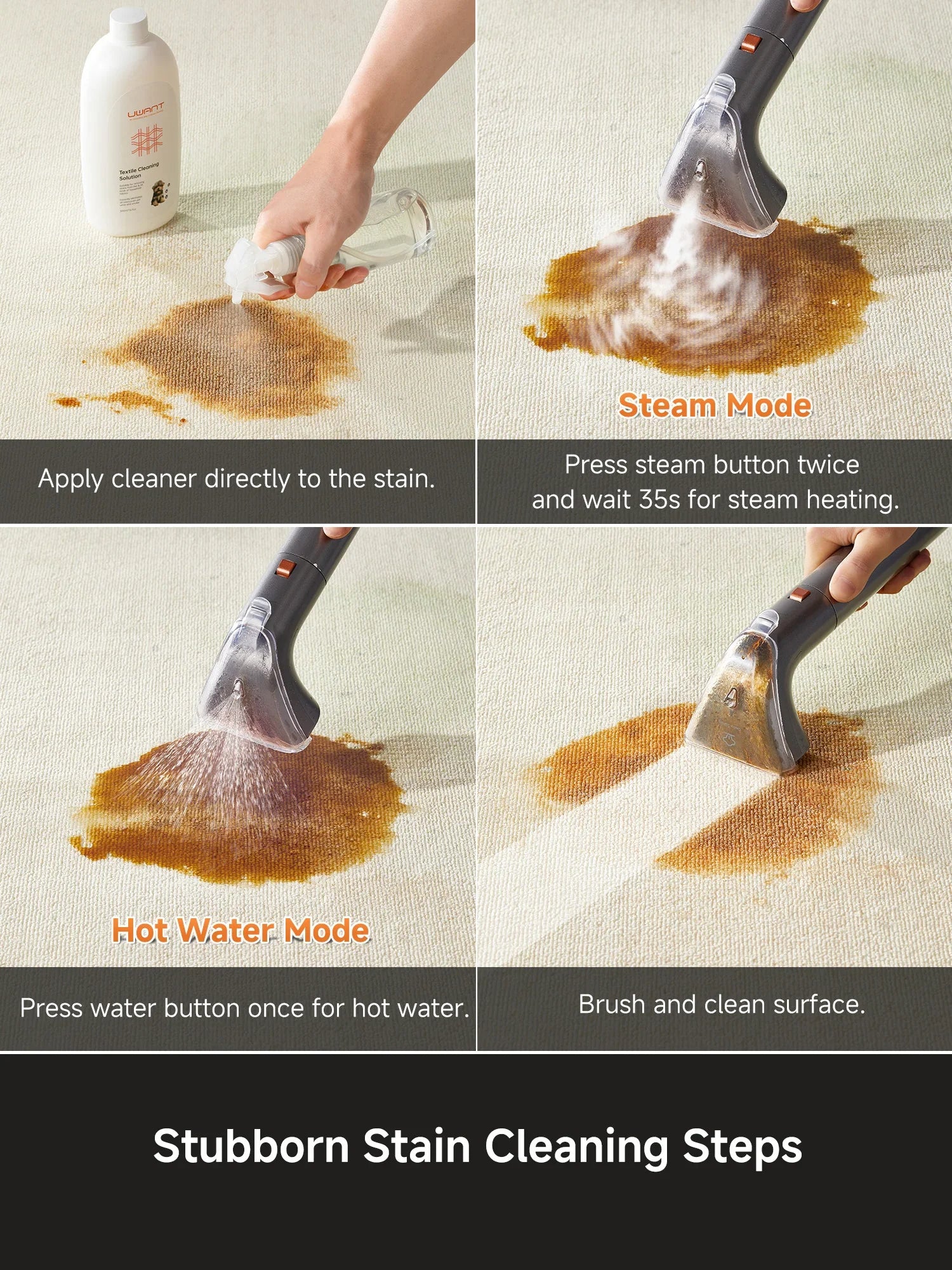 Step-by-step carpet stain cleaning using UWANT textile cleaning solution and steam cleaner tool