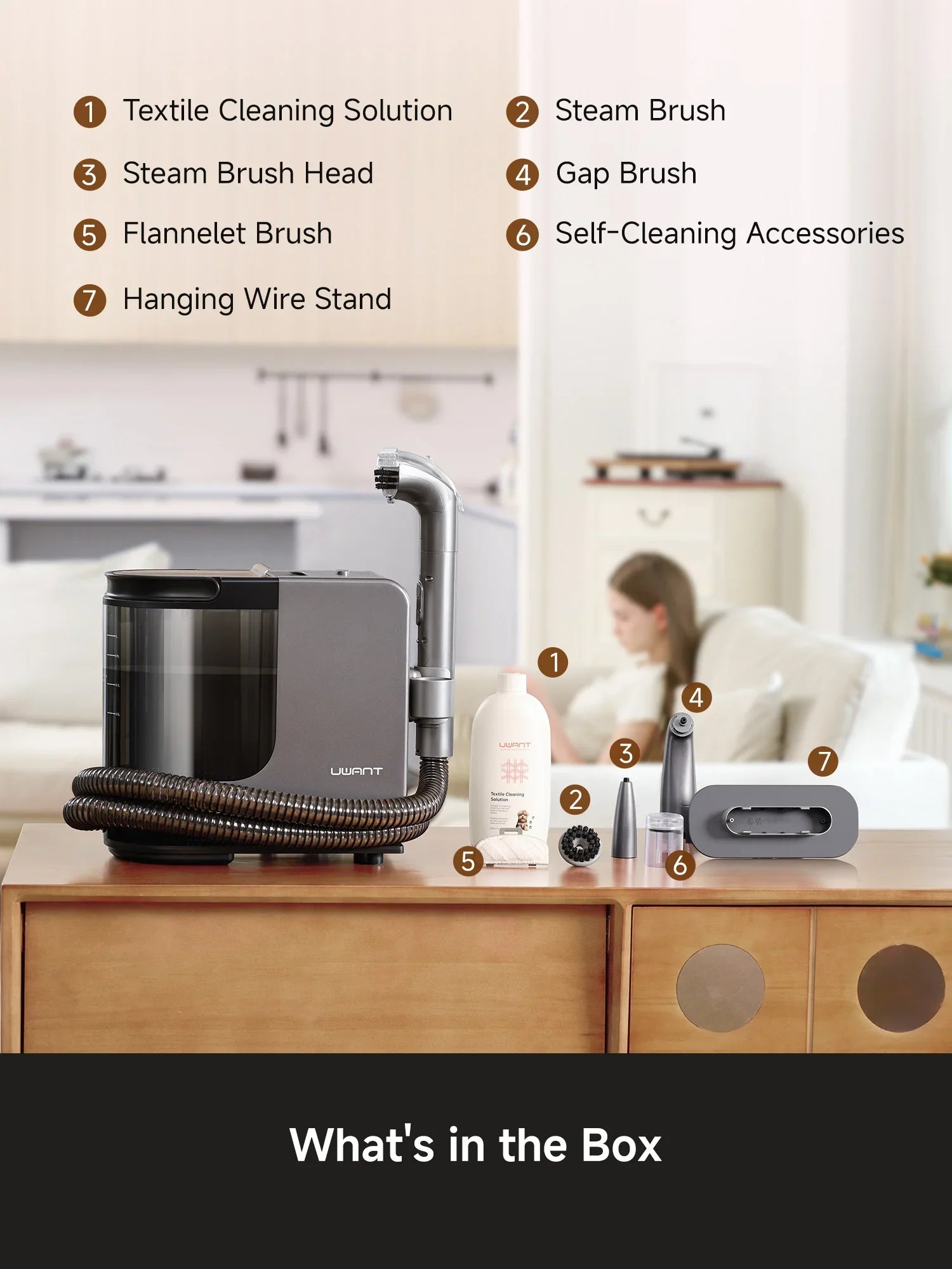 UWANT steam cleaner with textile solution, brushes, gap brush, self-cleaning accessories, and wire stand
