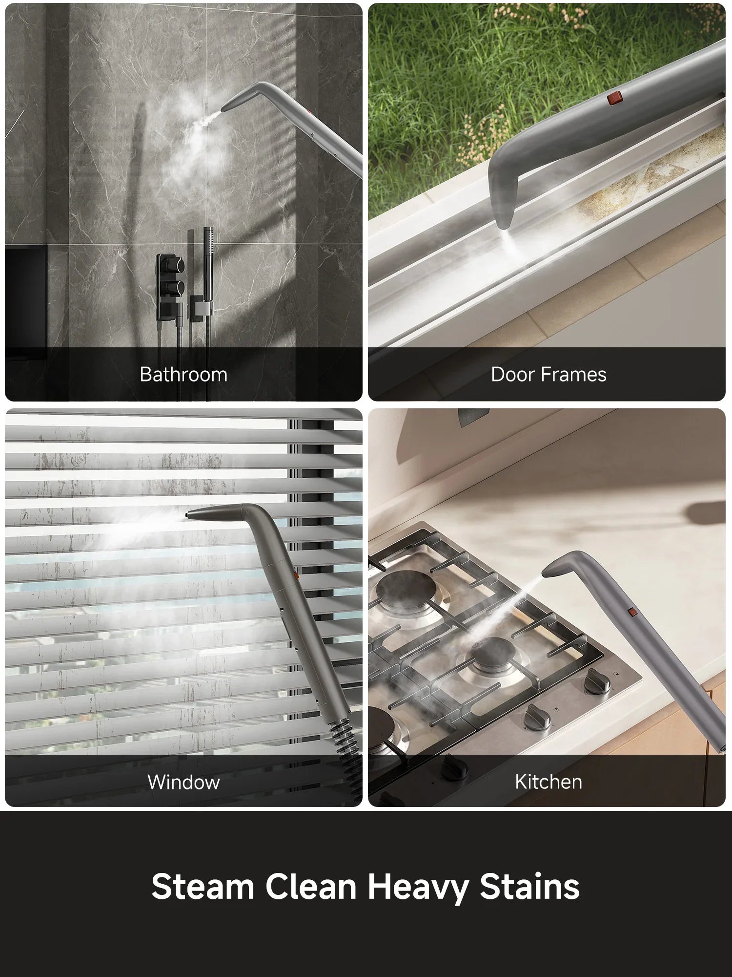 Steam cleaner removing heavy stains from bathroom tiles, door frames, window blinds, and kitchen stove
