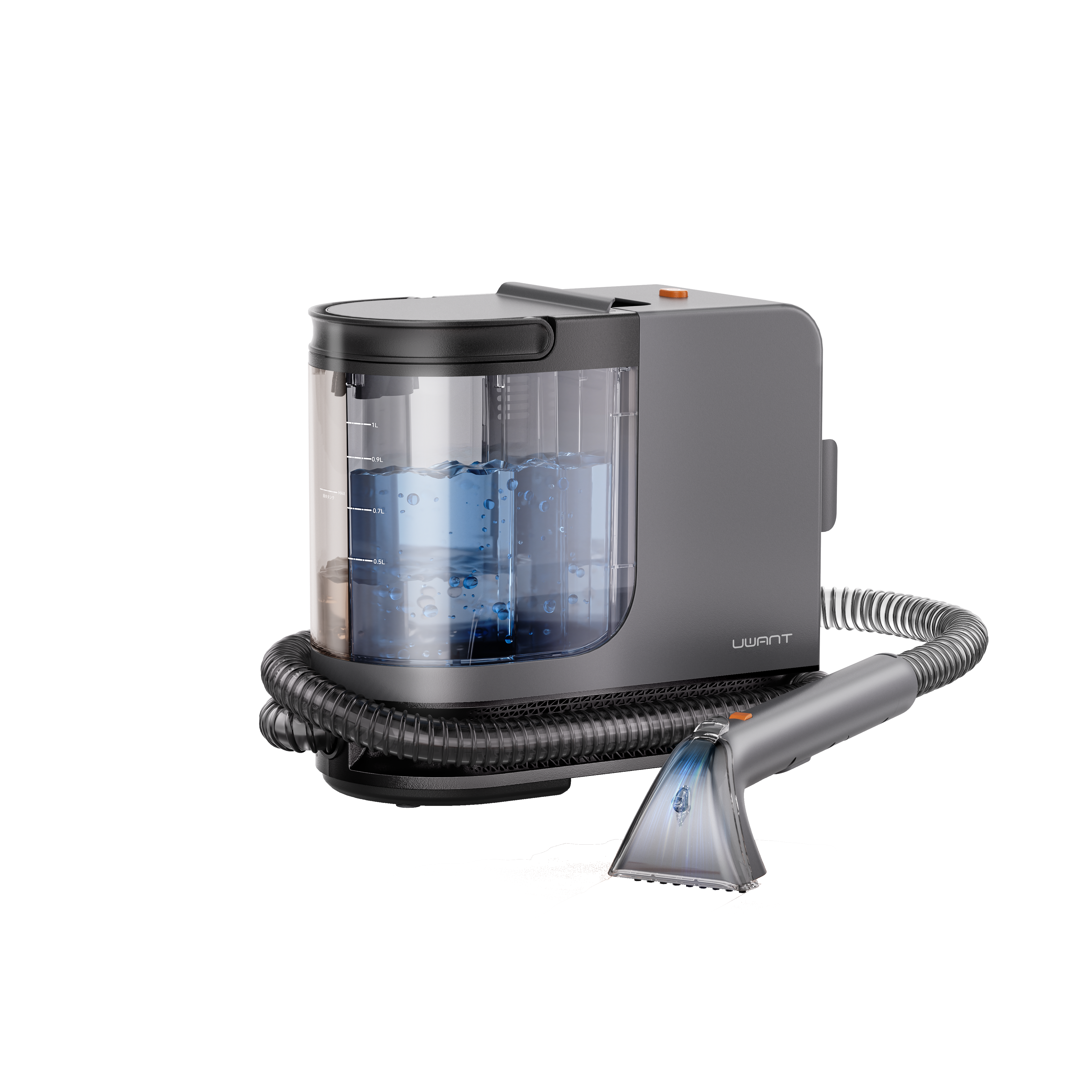 UWANT portable steam stain cleaner with transparent water tank and hose cleaning fabric