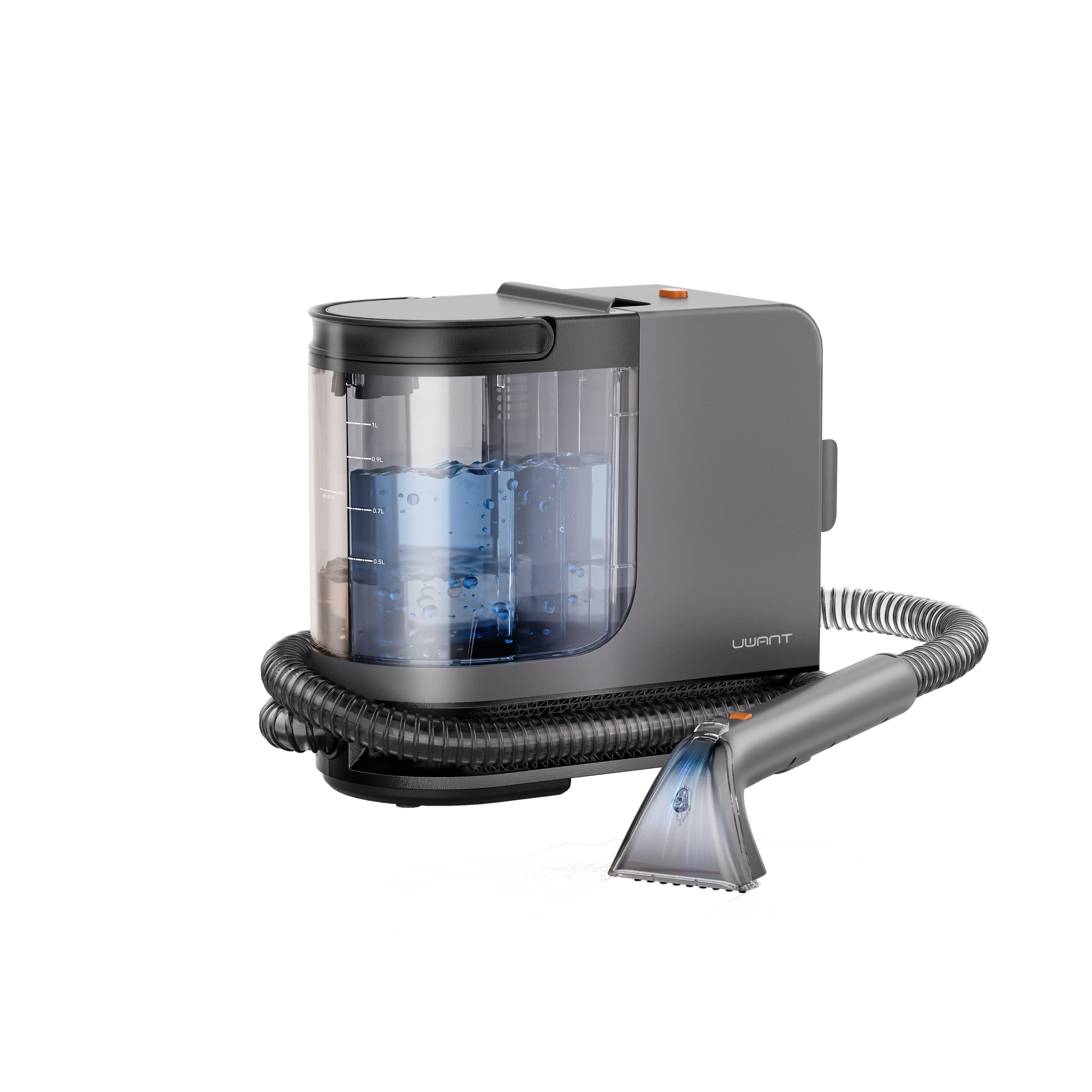 UWANT portable steam stain cleaner with transparent water tank and hose cleaning fabric