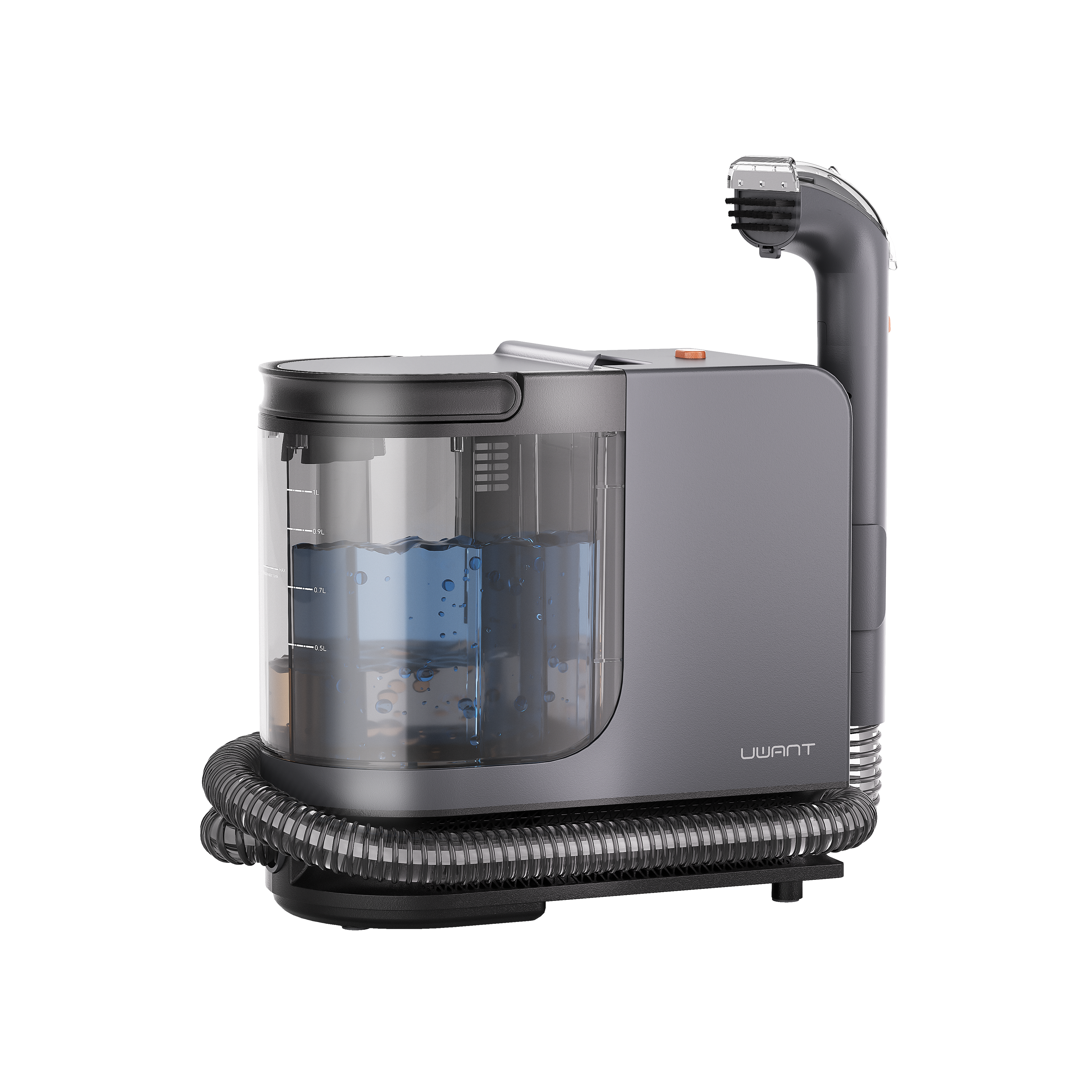 Uwant steam spot cleaner with transparent water tank, black handle, and coiled hose