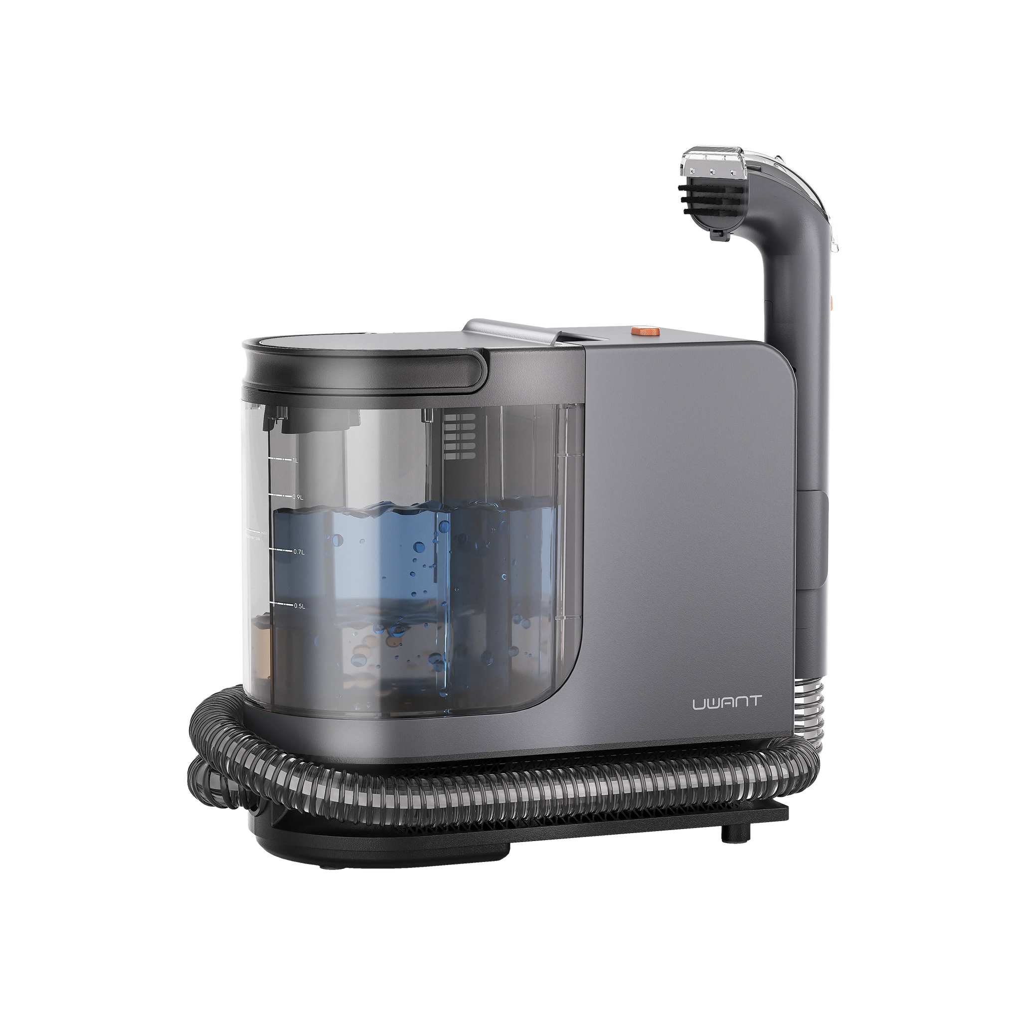 Uwant steam spot cleaner with transparent water tank, black handle, and coiled hose