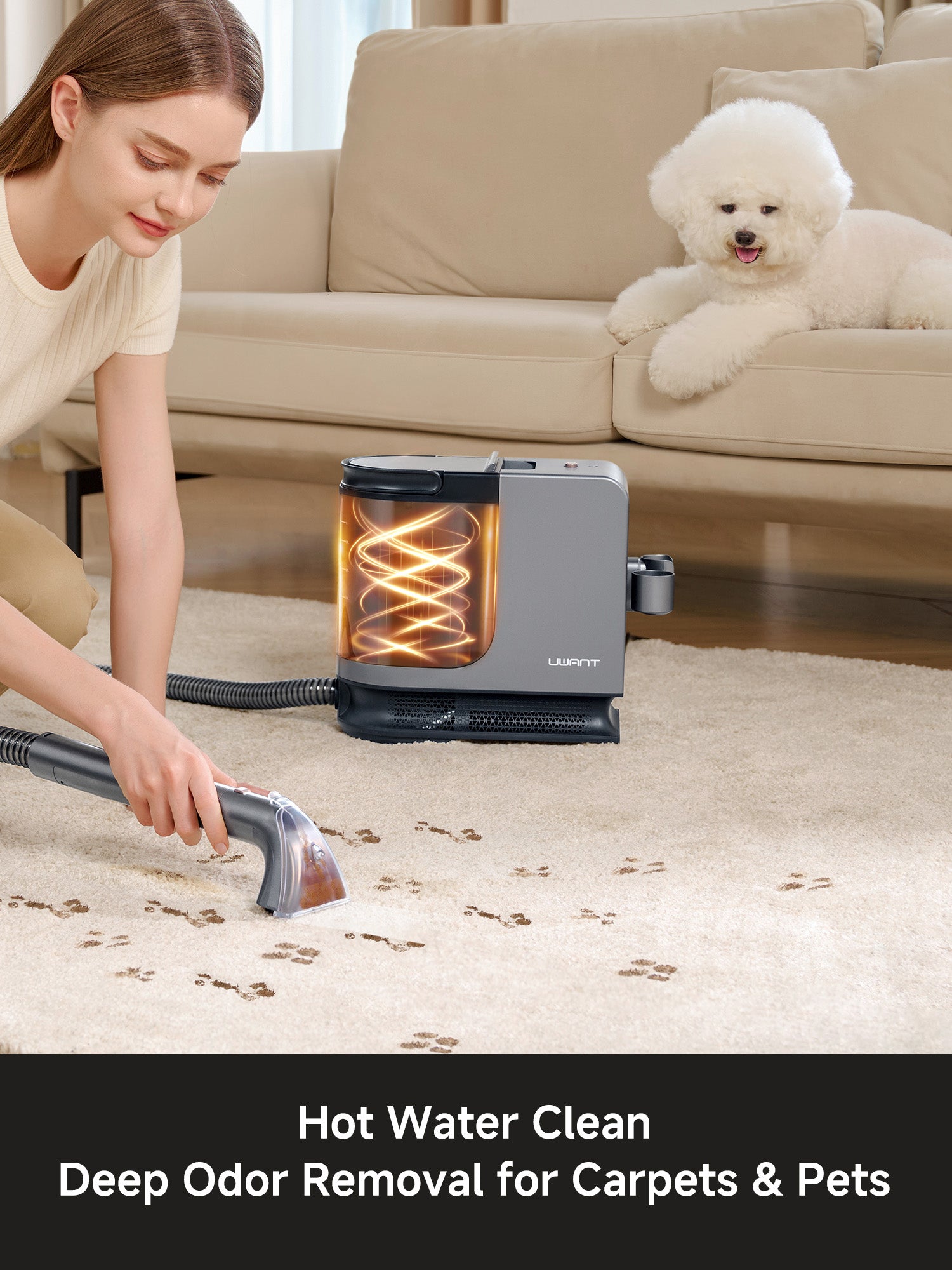 Woman using Uwant carpet cleaner to remove pet stains from beige carpet with white dog on couch
