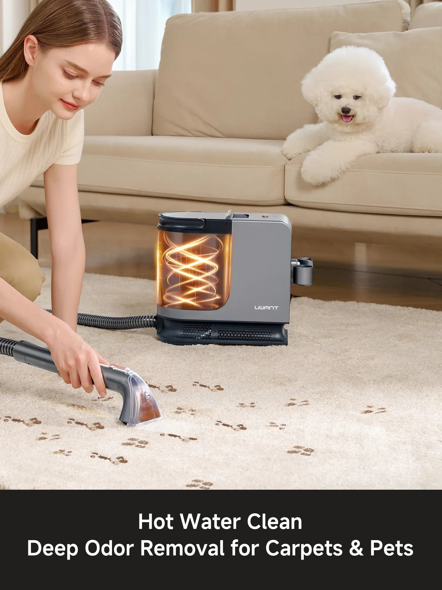 Woman using Uwant carpet cleaner to remove pet stains from beige carpet with white dog on couch