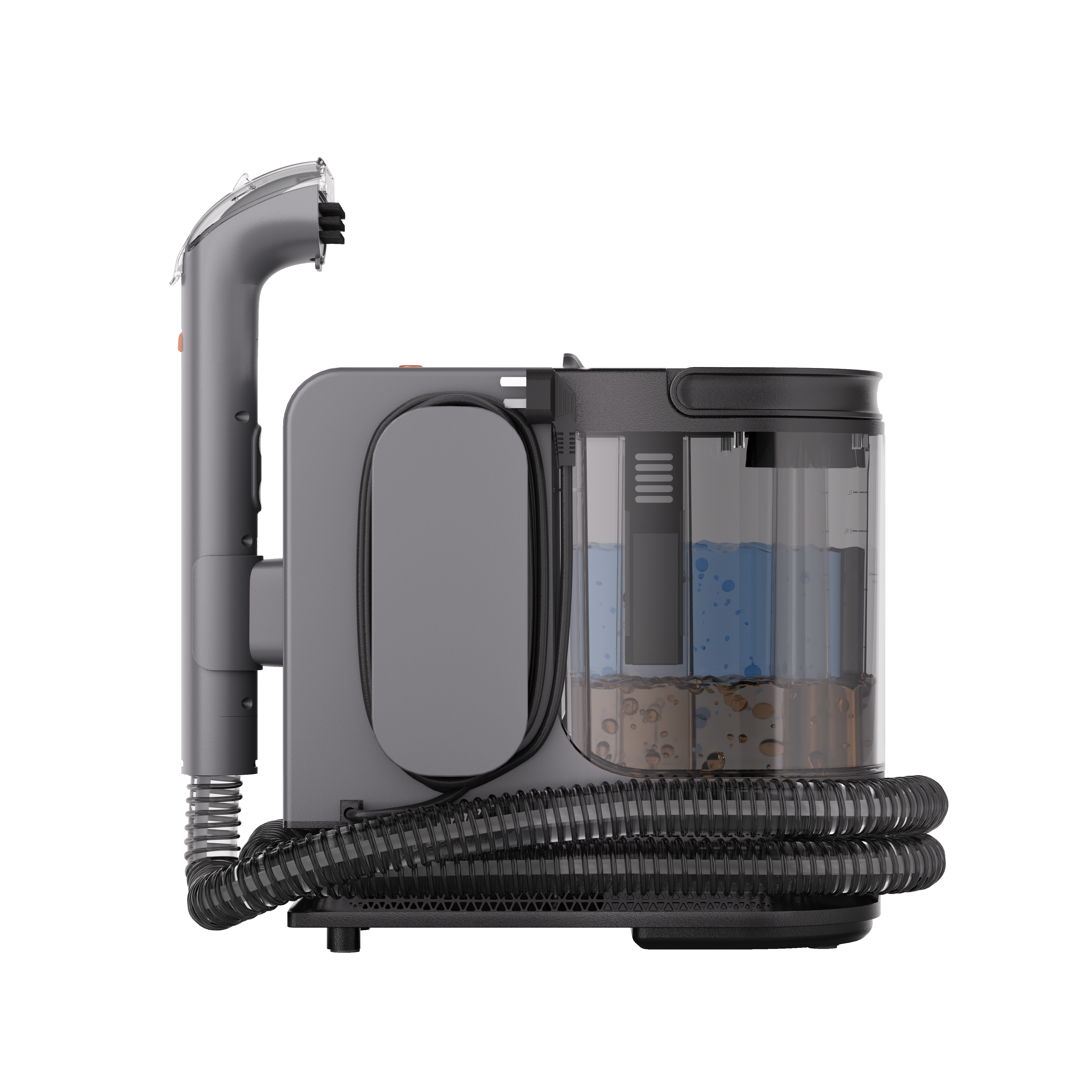 Compact gray steam cleaner with transparent water tank and flexible hose coiled at base