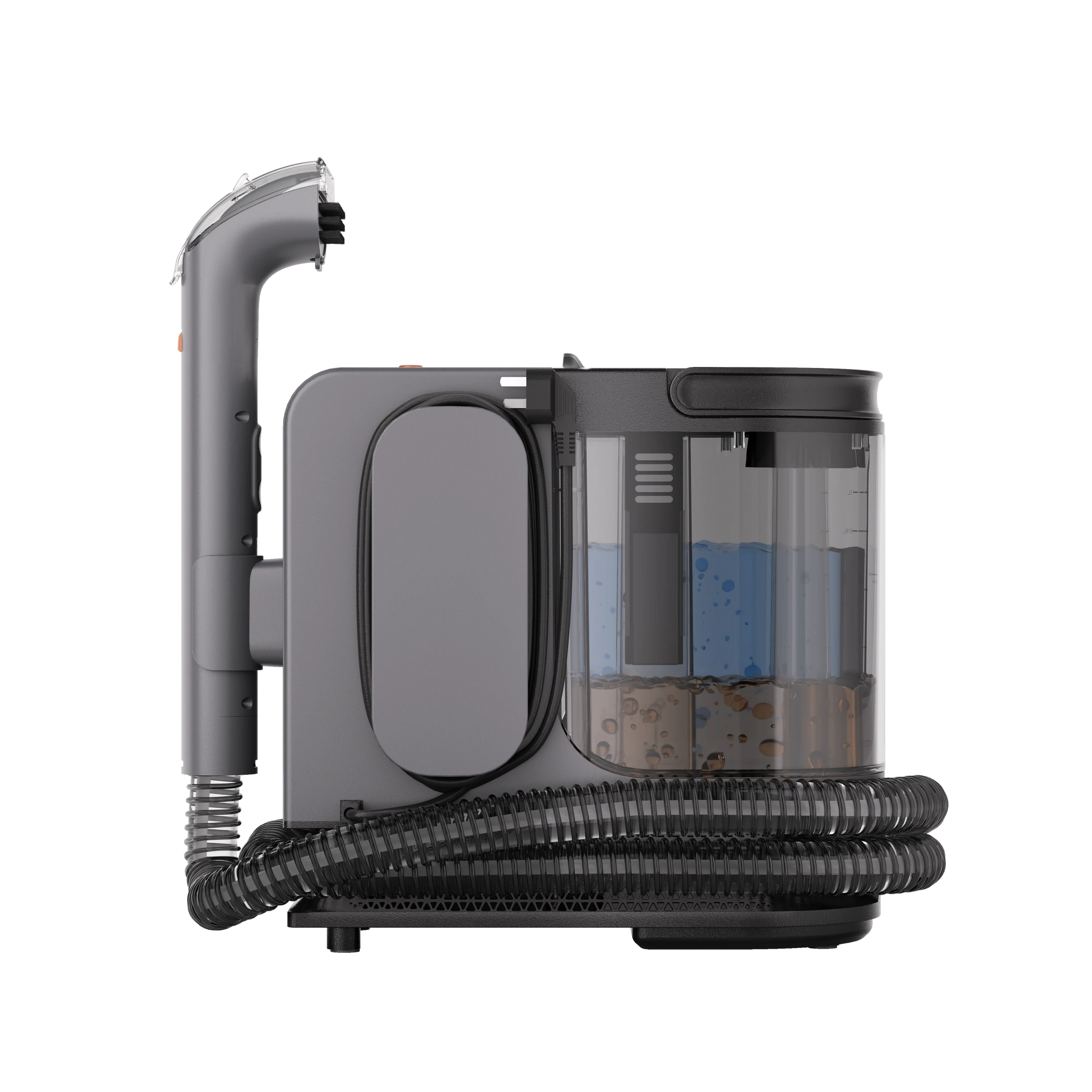 Compact gray steam cleaner with transparent water tank and flexible hose coiled at base