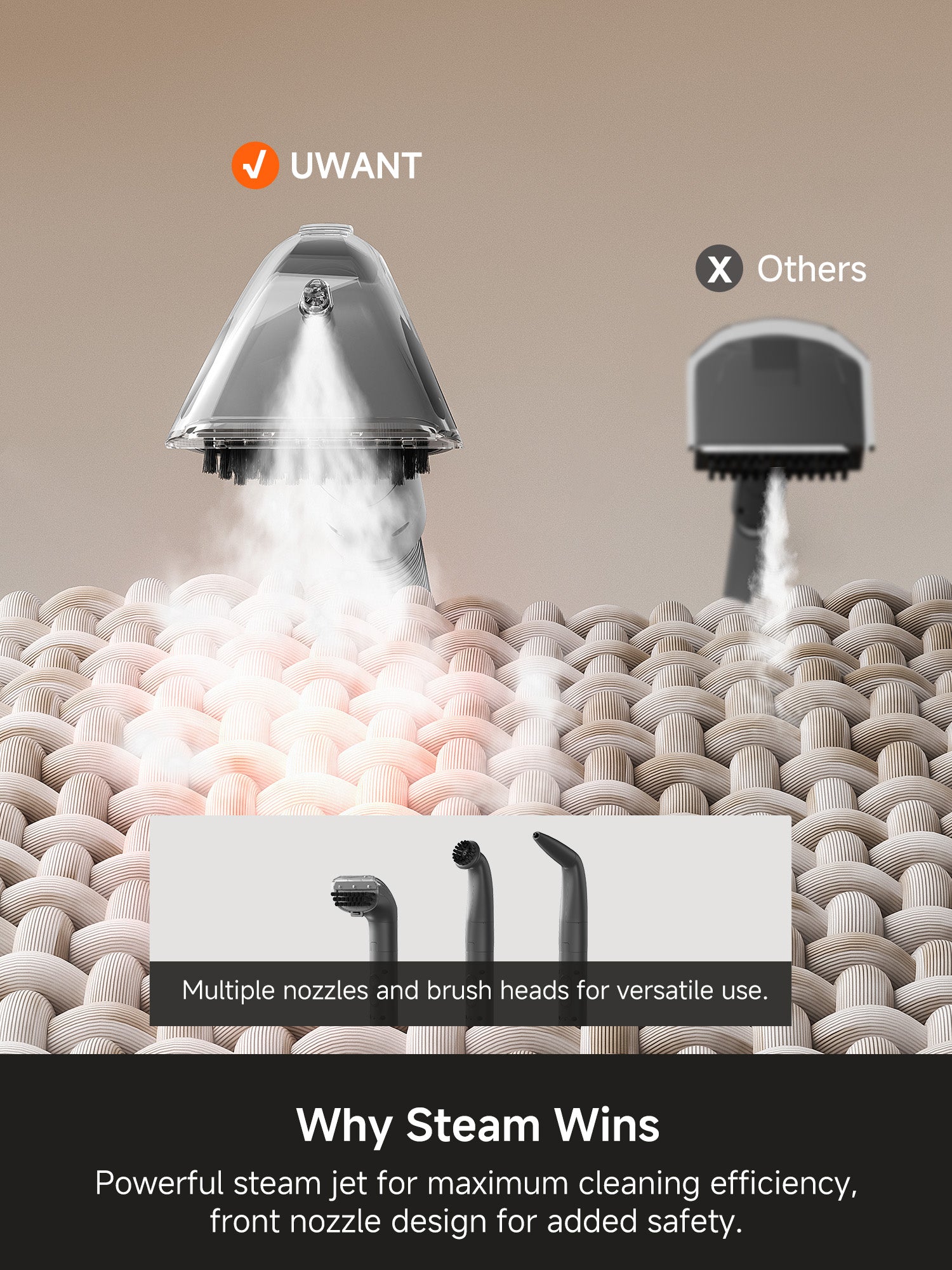 Comparison of UWANT steam cleaner with powerful steam jet and brush heads versus other steam cleaner