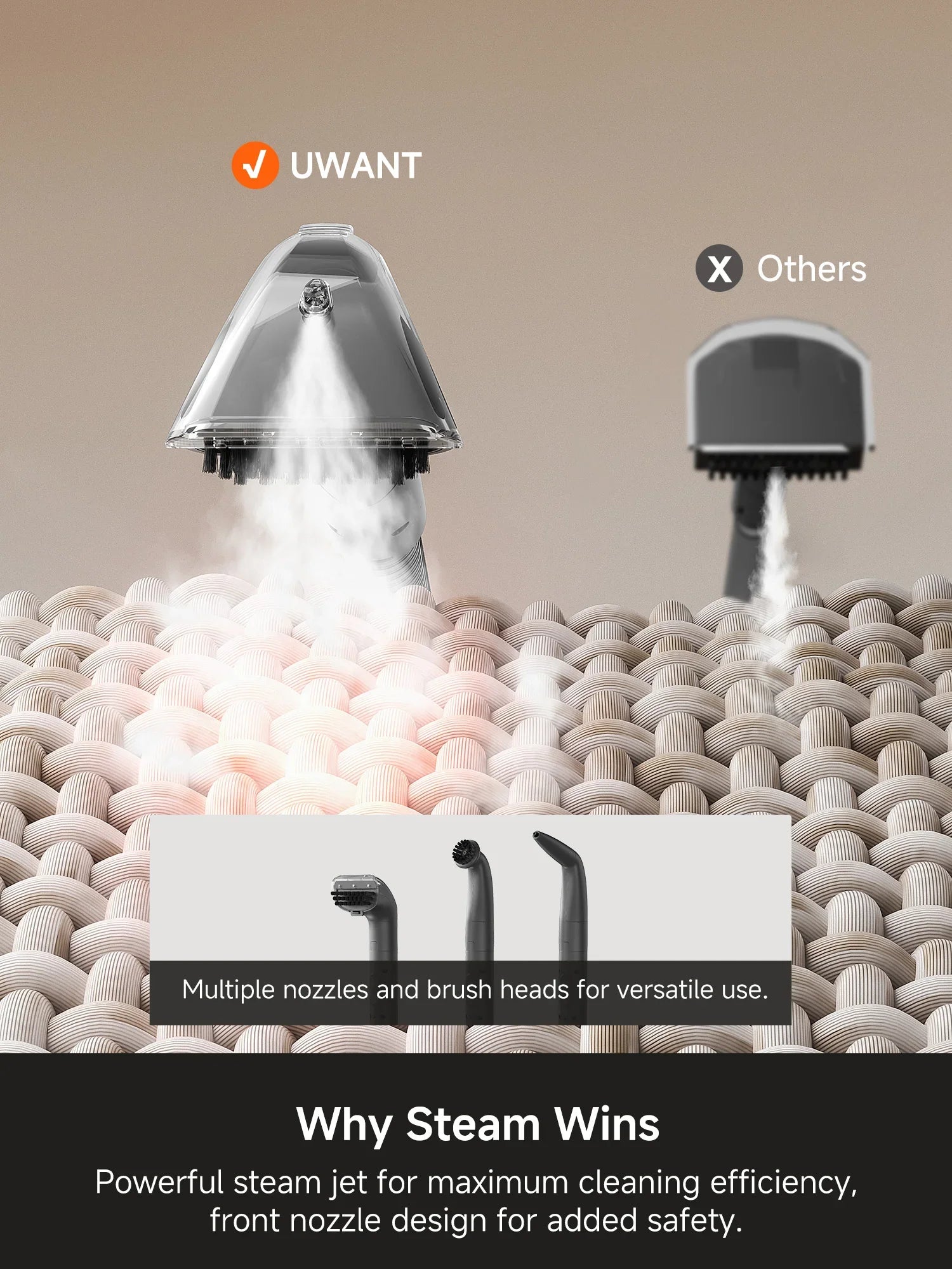 Comparison of UWANT steam cleaner with powerful steam jet and brush heads versus other steam cleaner