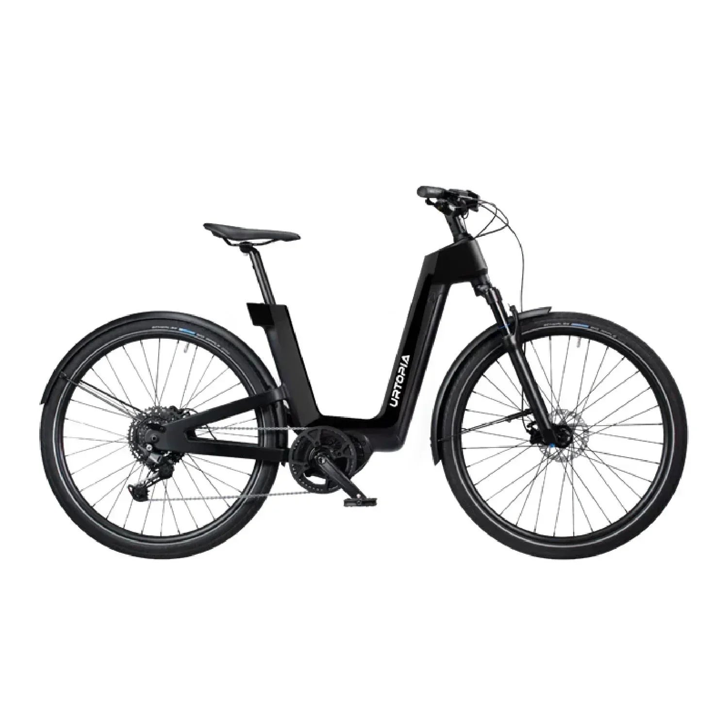 Black Urtopia Fusion electric bike with step-through frame, disc brakes, and integrated fenders