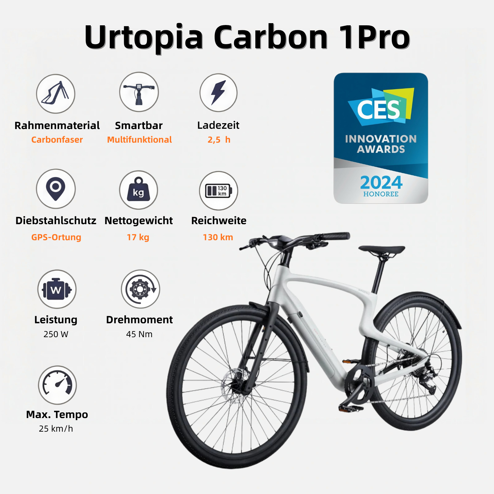 Urtopia Carbon 1 Pro E-Bike – 10-Gang, Smartbar mit Sprachsteuerung, GPS, App & IoT