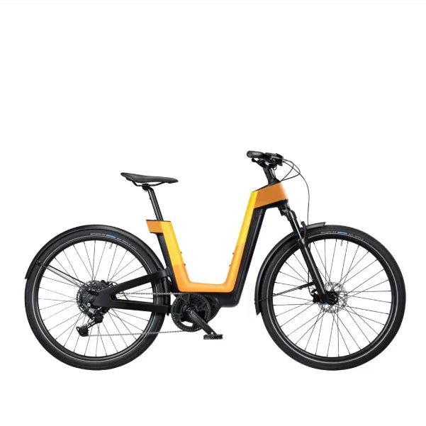 modern electric bike with orange and black frame, front suspension, and disc brakes