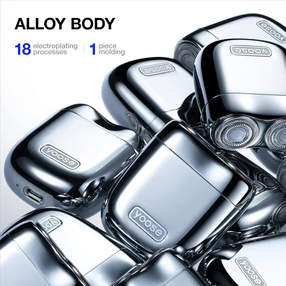 Shiny Yoose alloy body electric shavers and trimmers with smooth metallic finish