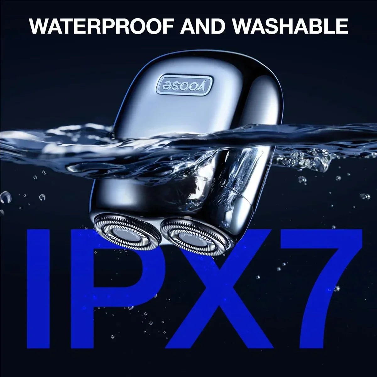 Yoose waterproof electric shaver submerged in water with IPX7 rating, emphasizing washable and water-resistant design