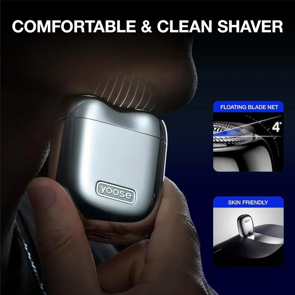 Close-up of a man using a compact Yoose electric shaver with floating blade net and skin-friendly design
