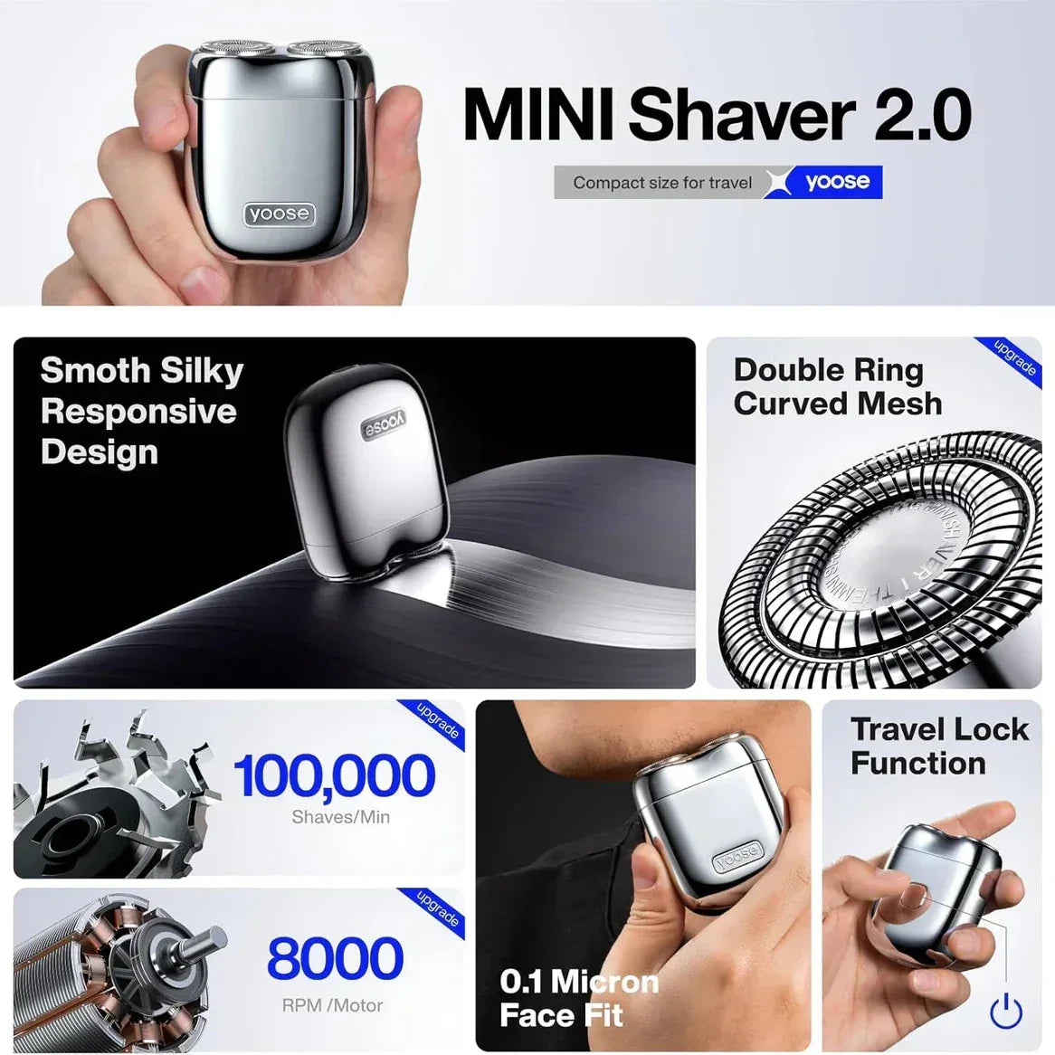 Yoose Mini Shaver 2.0 compact travel electric shaver with double ring curved mesh and 0.1 micron face fit