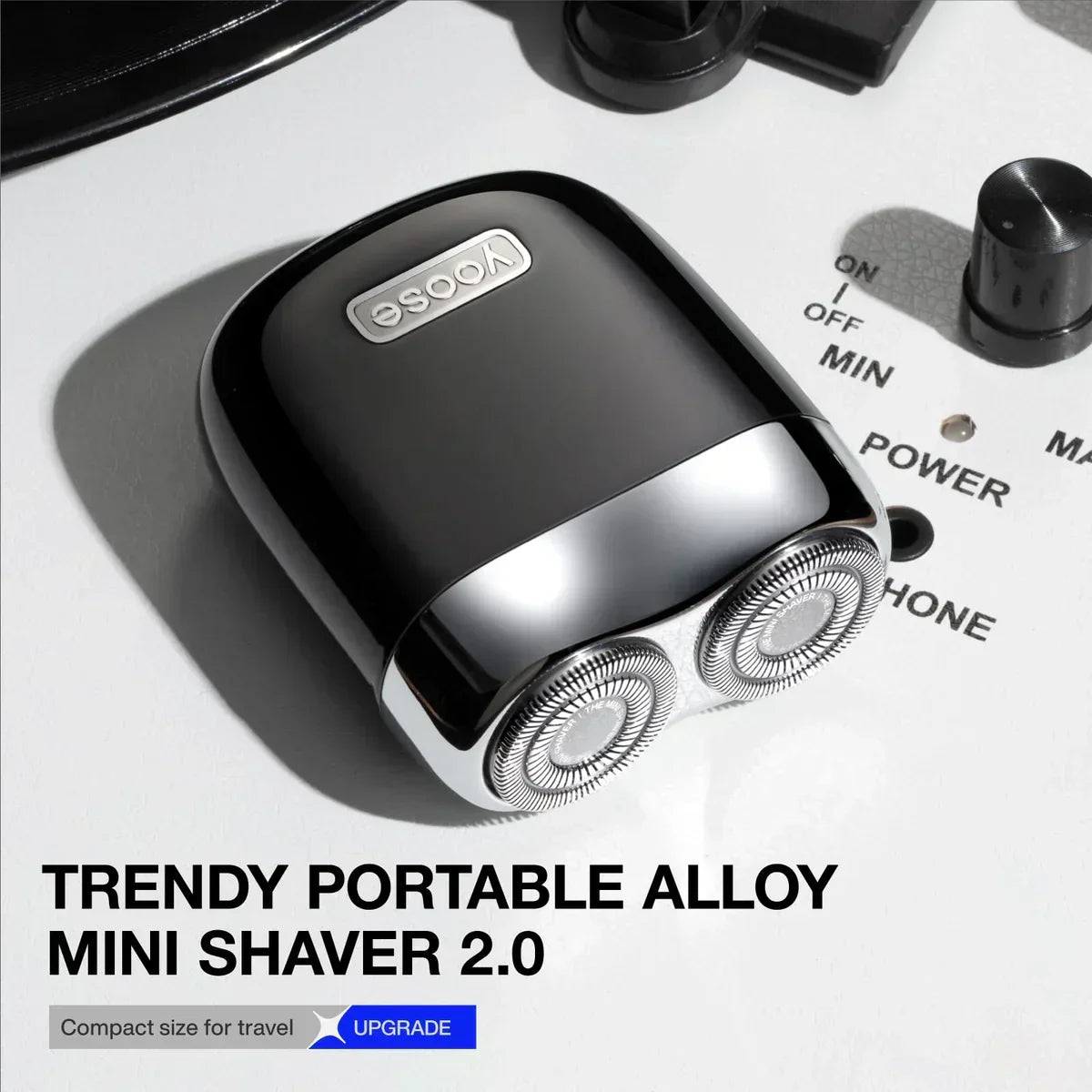 Yoose trendy portable alloy mini shaver 2.0 on white power control panel