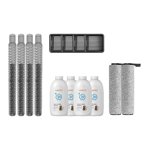 Uwant D100 robot vacuum accessories including four roller brushes, four filters, and two textured sponge rollers