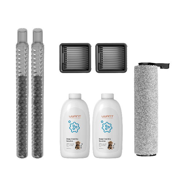 Uwant D100 accessories pack with two filter rods, two rectangular filters, two bottles of deep cleaning solution, and a roller brush