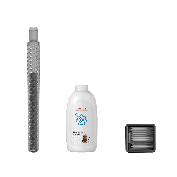 Uwant accessories pack featuring a glass tube, deep cleaning solution bottle, and a plastic brush holder on white background