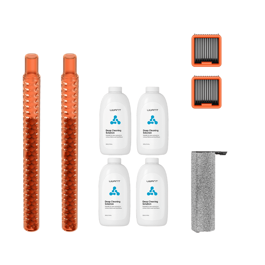 UWANT cleaning accessories pack with two orange rollers, four deep cleaning solution bottles, two filters, and a gray sponge