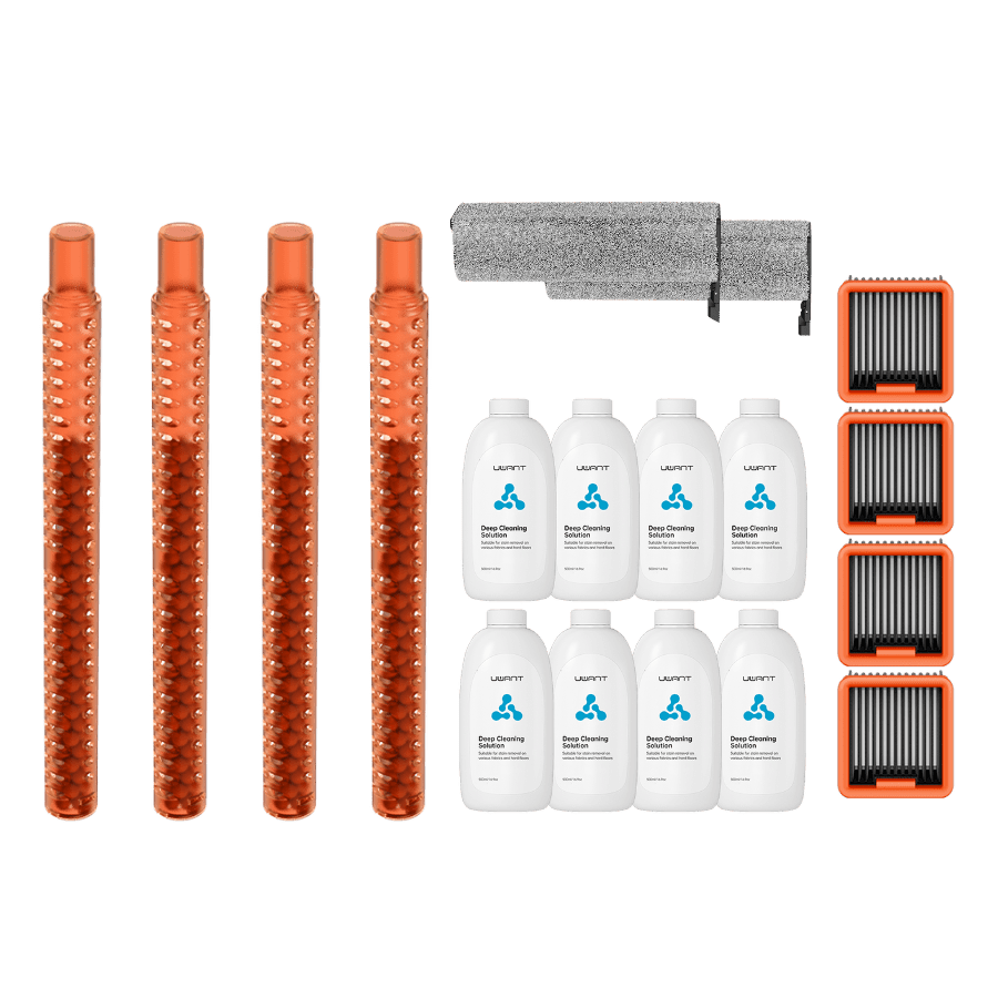 Uwant vacuum cleaner accessory pack with orange brush tubes, deep cleaning solution bottles, and filters
