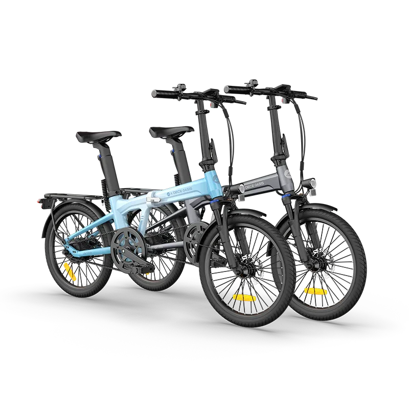Two modern electric folding bikes in blue and gray with black seats and thick tires