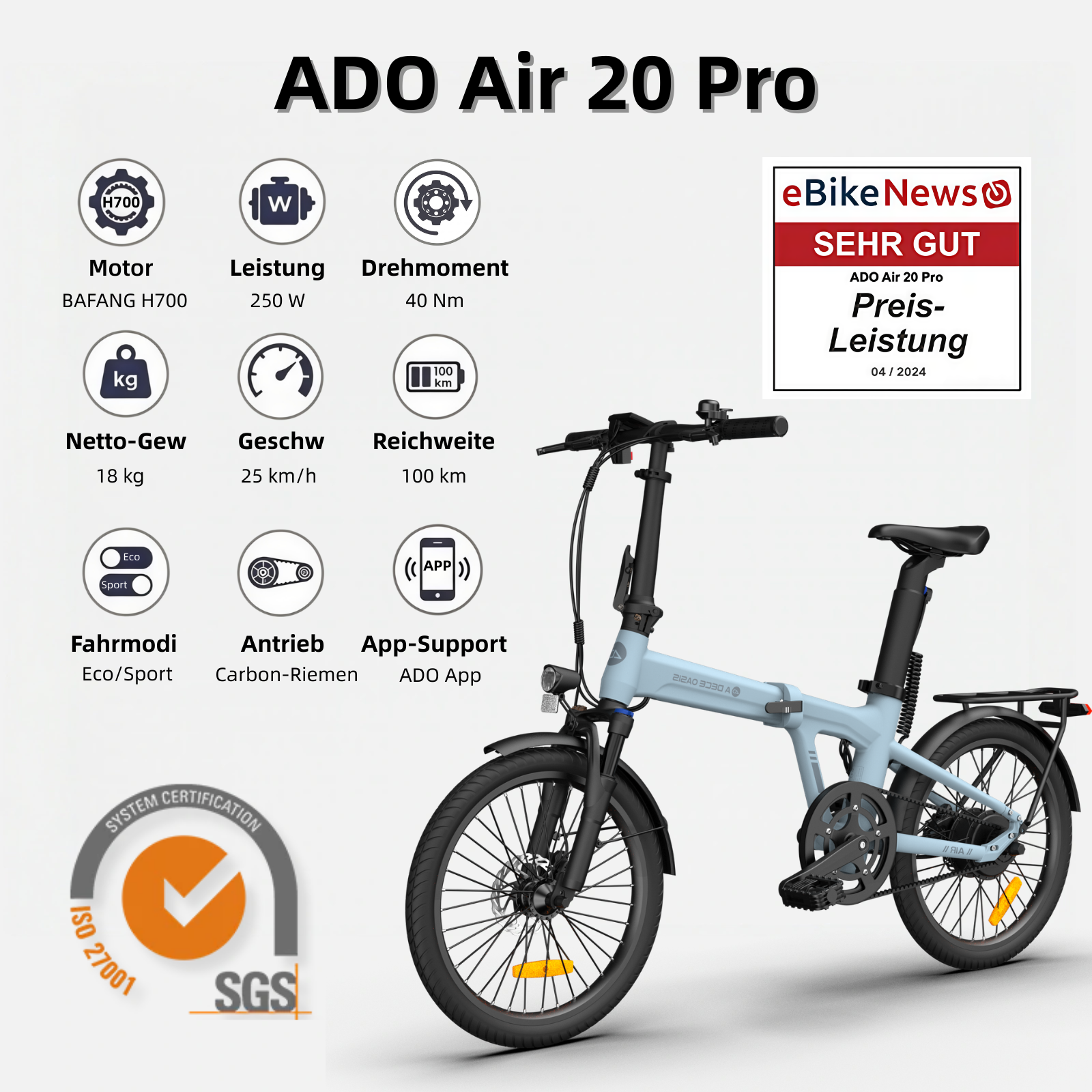 (89,99 € Werbegeschenk)ADO Air 20 Pro/Ultra E-Bike Klapprad, Upgrade Version