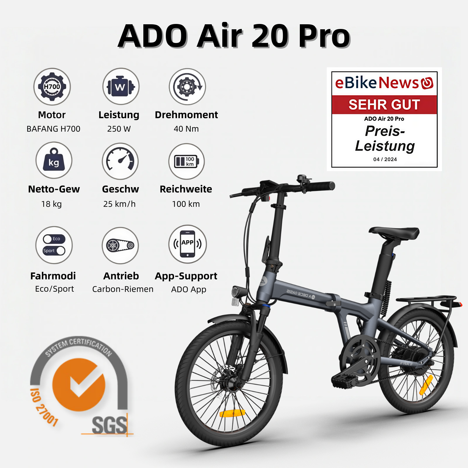 (89,99 € Werbegeschenk)ADO Air 20 Pro/Ultra E-Bike Klapprad, Upgrade Version