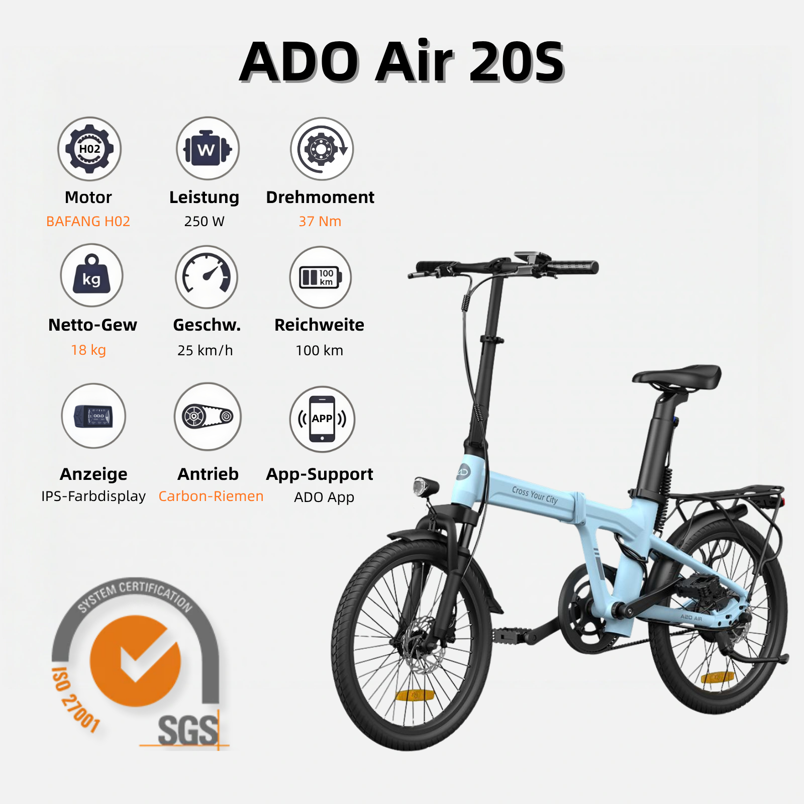 (158,99 € Werbegeschenk)ADO Air 20S E-Bike Klapprad, Elektrofahrrad mit Dämpfer