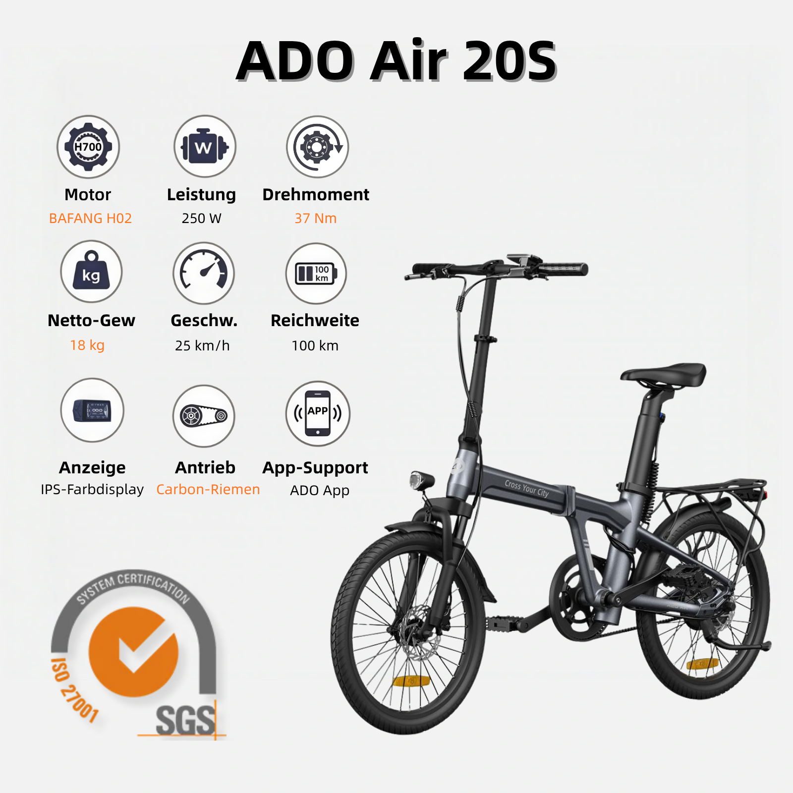(158,99 € Werbegeschenk)ADO Air 20S E-Bike Klapprad, Elektrofahrrad mit Dämpfer